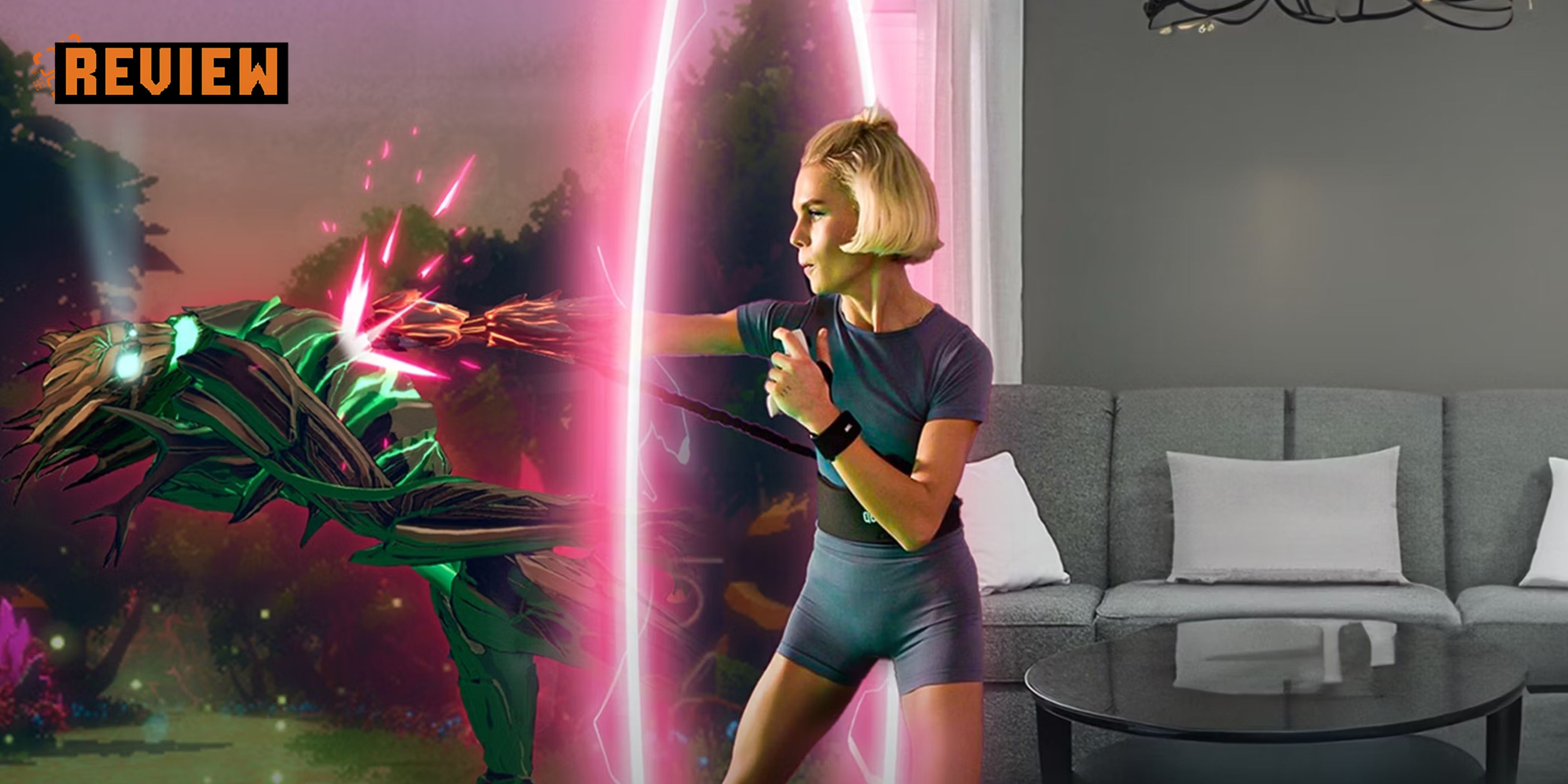 Quell player punching through portal in her living room to hit a tree