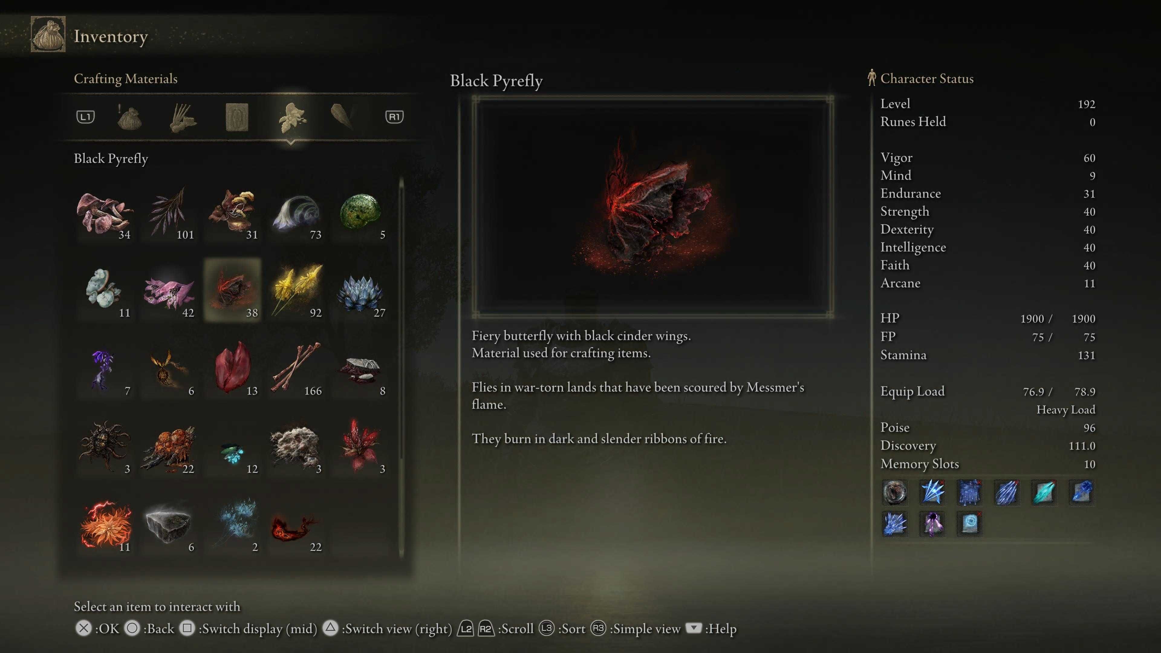 Elden Ring Shadow of the Erdtree Black Pyrefly crafting material item description which mentions that it "Flies in war-torn lands that have been scoured by Messmer's flame"