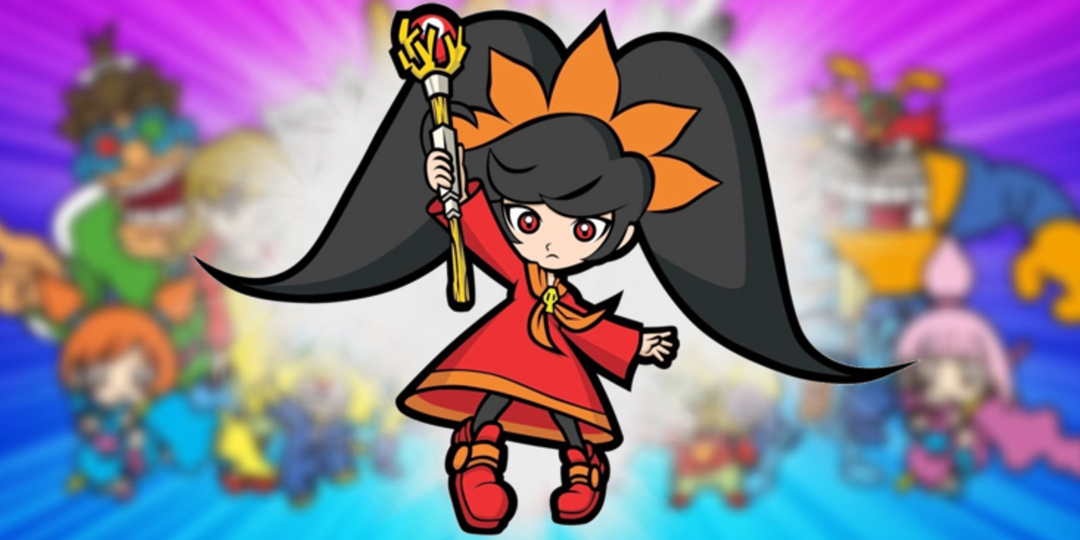 Ashley from the WarioWare series triumphantly poses in front of a colorful blurred image featuring assorted WarioWare side characters. Ashley is a young girl with long black hair in twin tail style, dressed in a red gown.