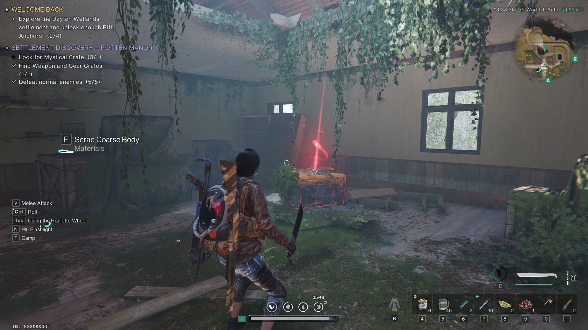 Once Human, player in front of mystical crate in attic of rotten manor