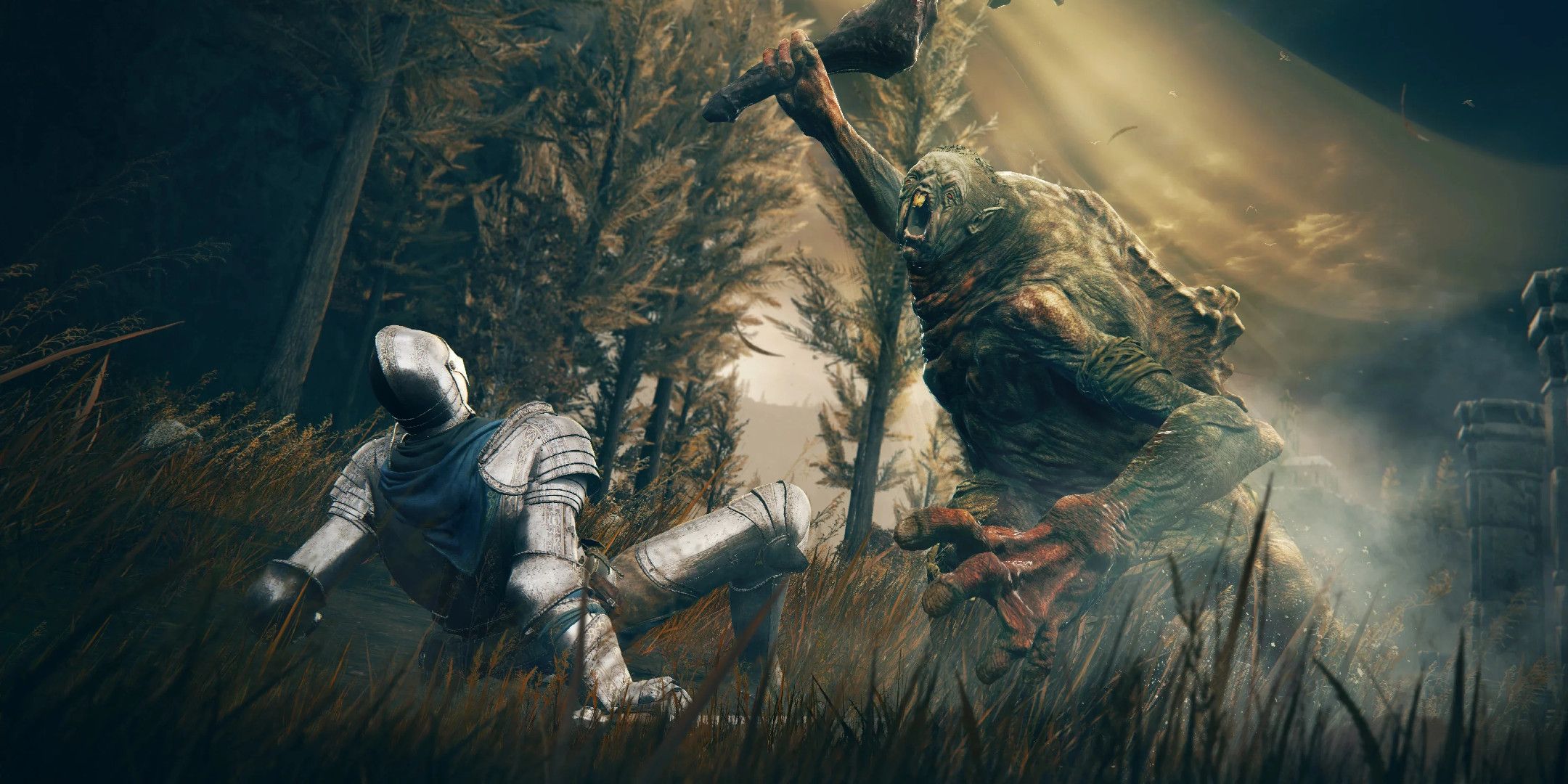 A knight on the ground about to be clubbed by a large rat looking monster