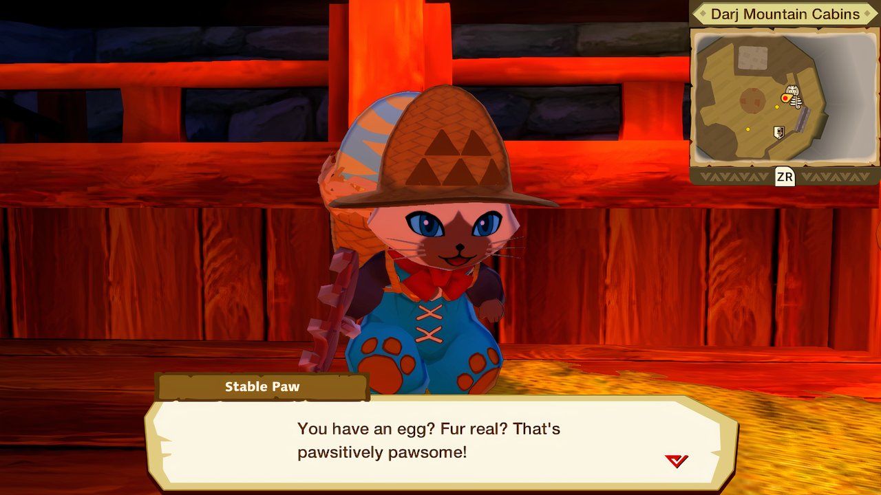 a stable paw welcoming you to a stable to hatch eggs in monster hunter stories