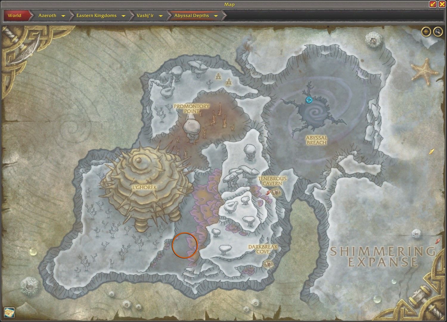 map of the abyssal depths of vashj'ir, with the spawn point of the rare mob poseidus circle in orange