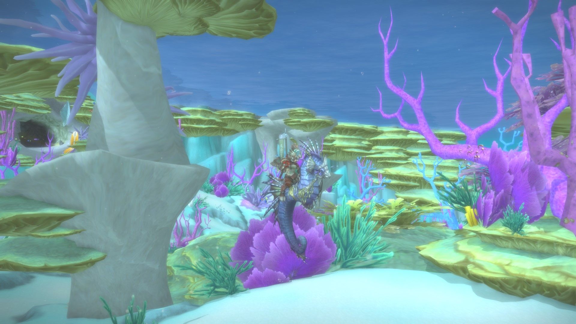 a highmountain tauren on a vashj'ir seahorse mount (aka abyssal seahorse) while swimming in vashj'ir
