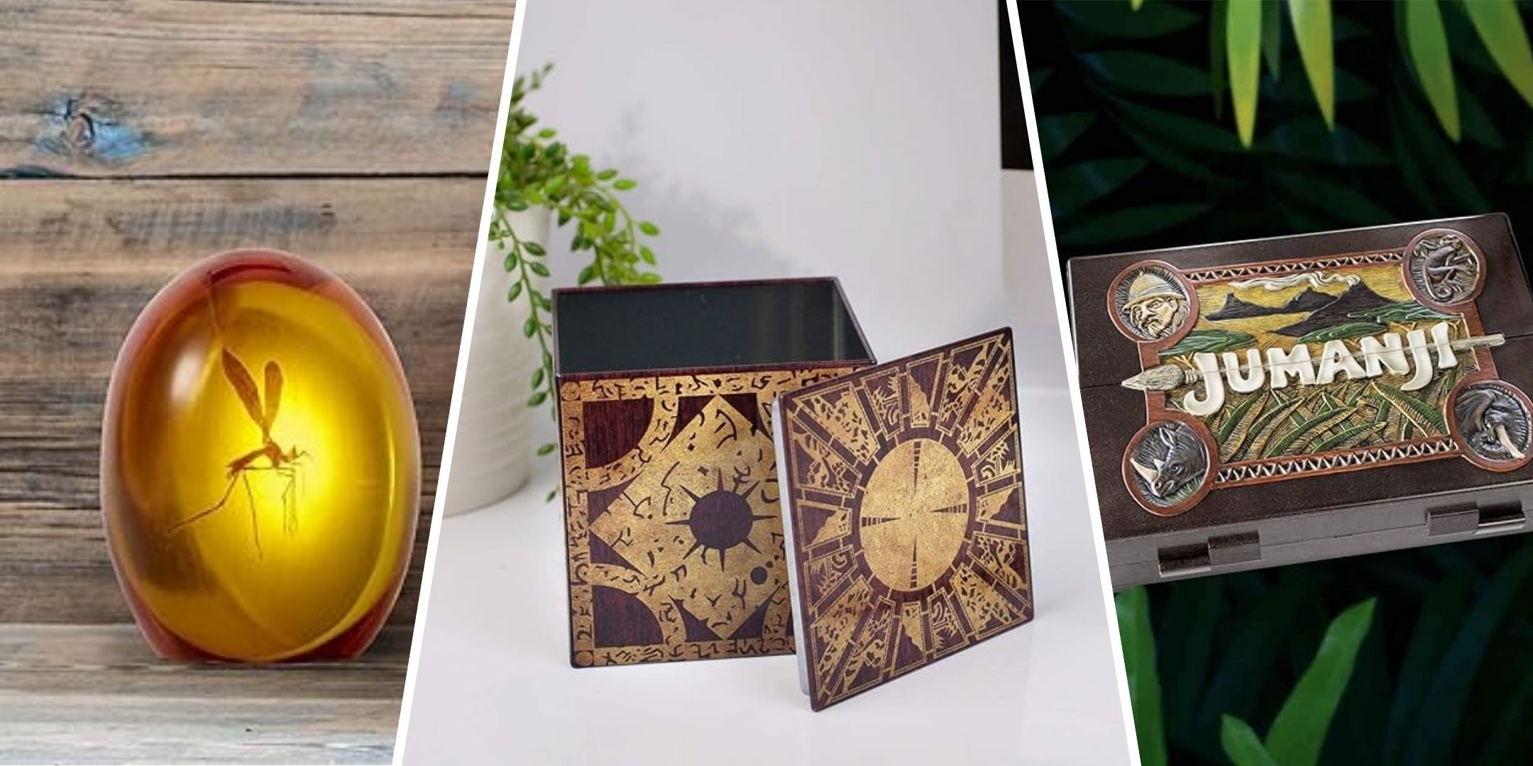 A split image of replicas of the Jumanji board game, a mosquito trapped in amber as seen in Jurassic park and the lament configuration from Hellraiser