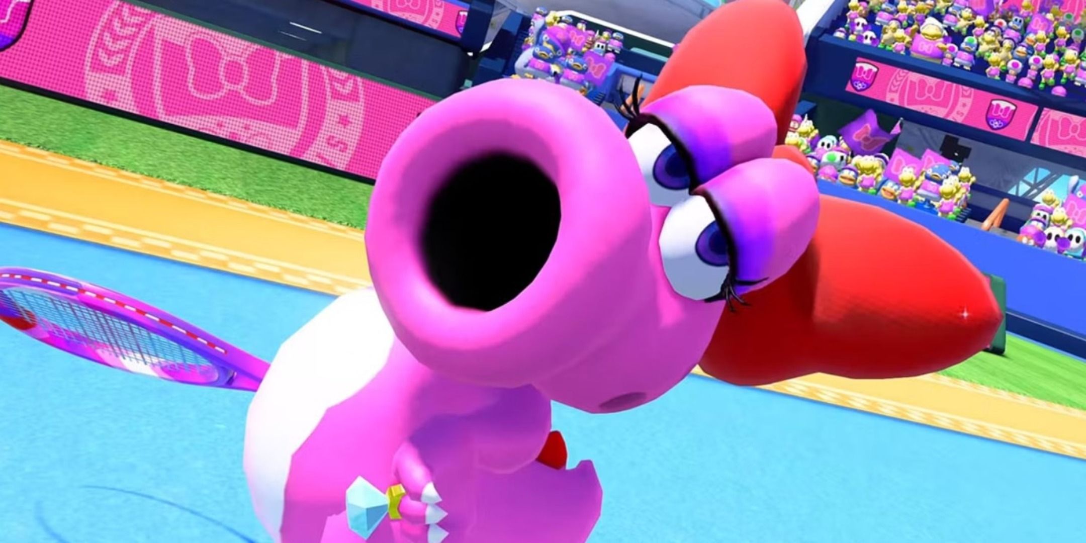 Birdo from Nintendo looking at the camera.