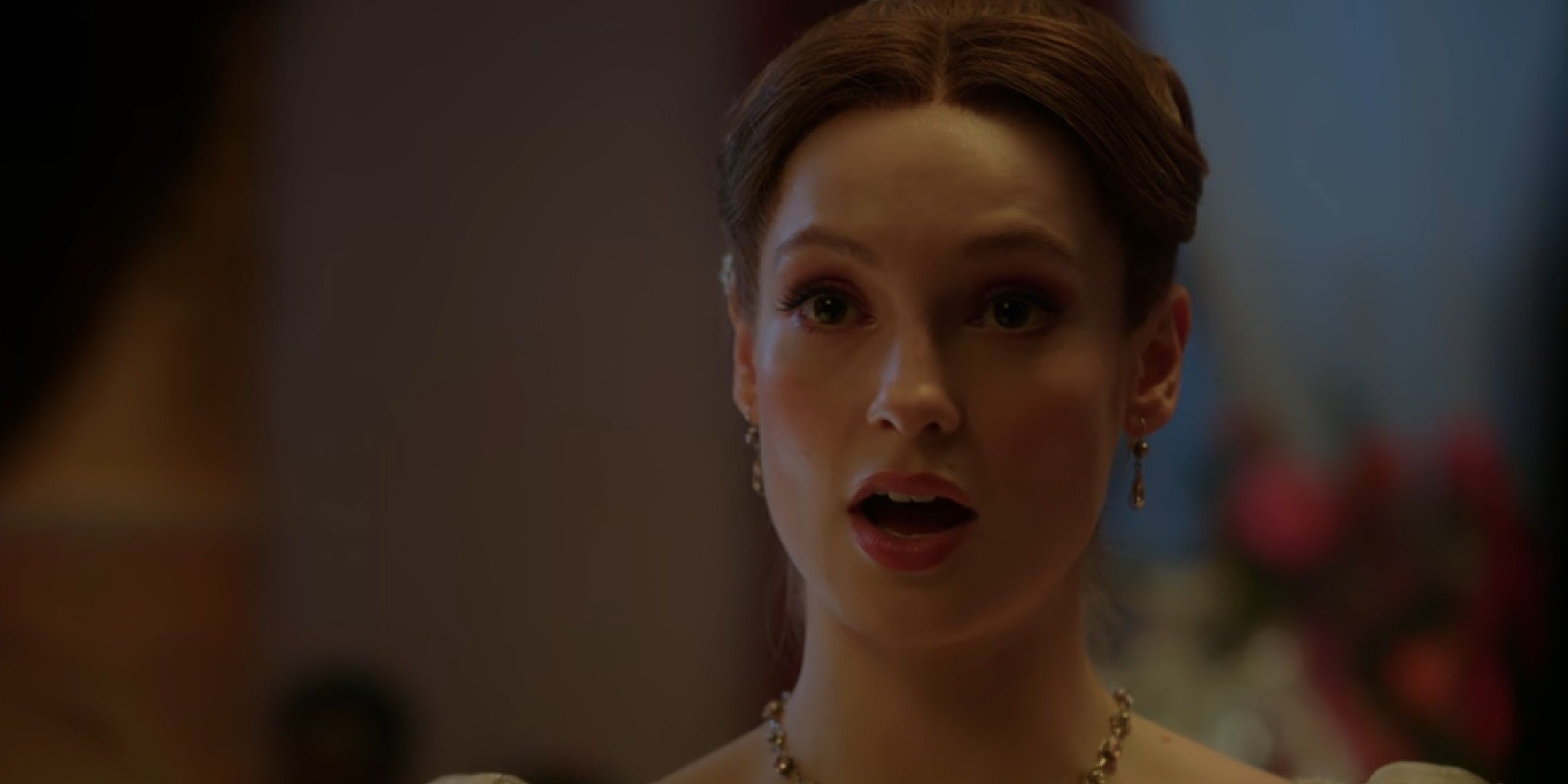 bridgerton image showing francesca sterling reacting at meeting michaela for the first time