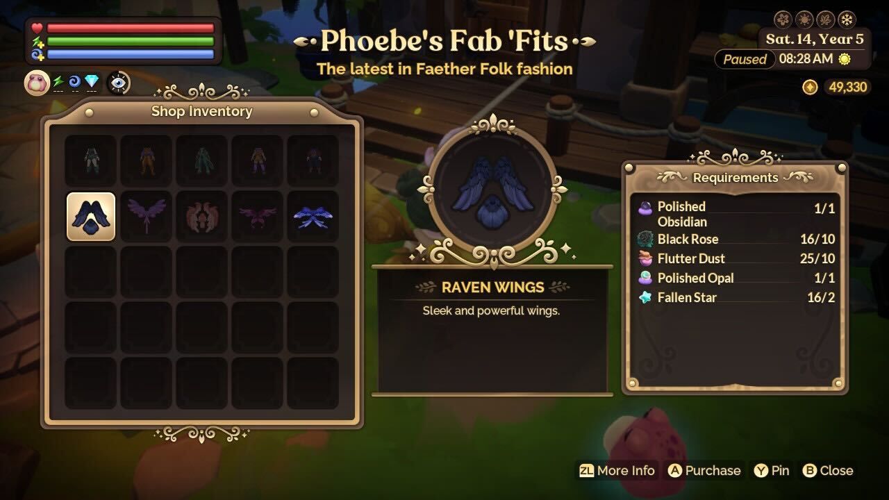 buying new wings from Phoebe in Fae Farm Skies of Azoria