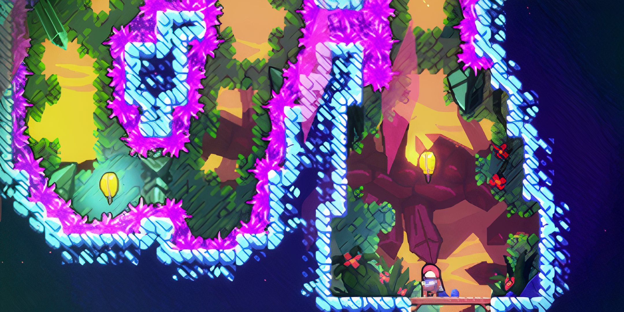 Madeline at the bottom of a platforming level covered in purple crystals.