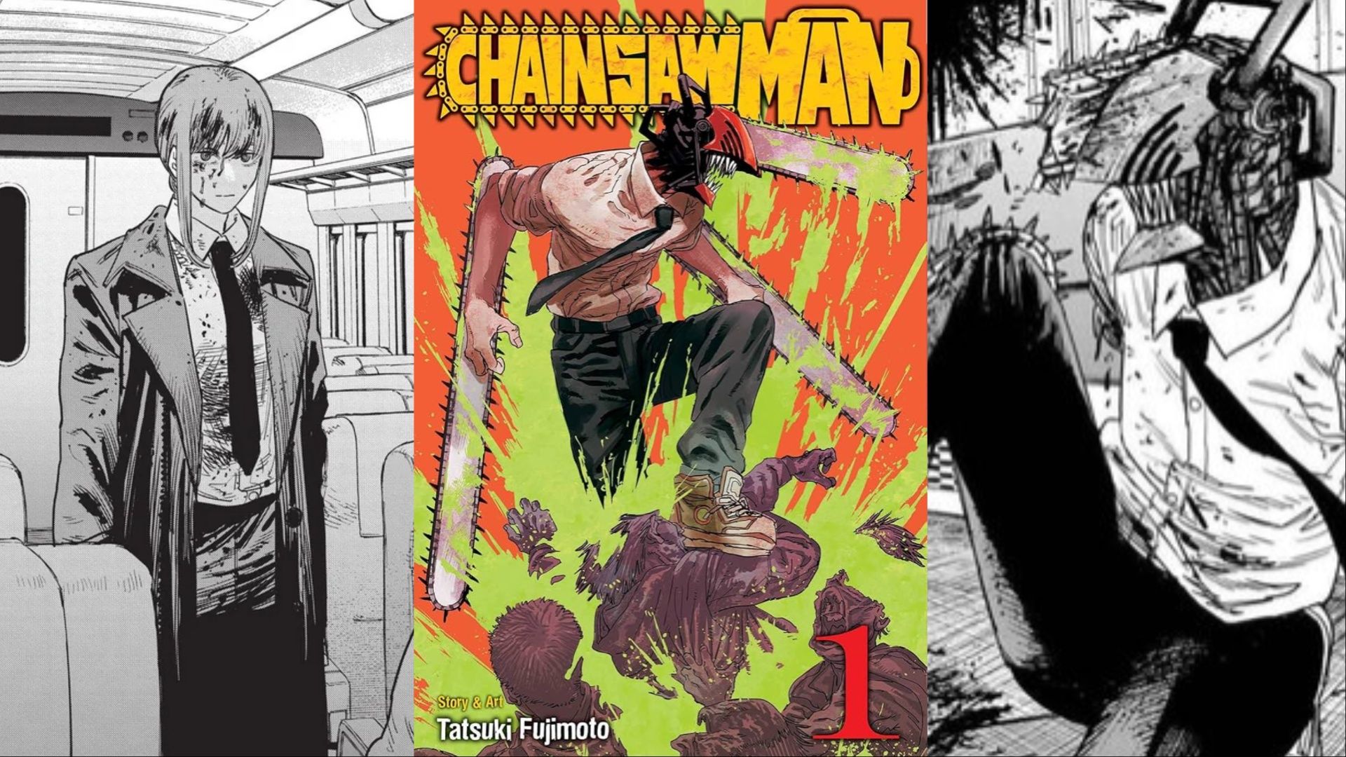 A collage of images showcasing panels and cover art from the manga Chainsaw Man.