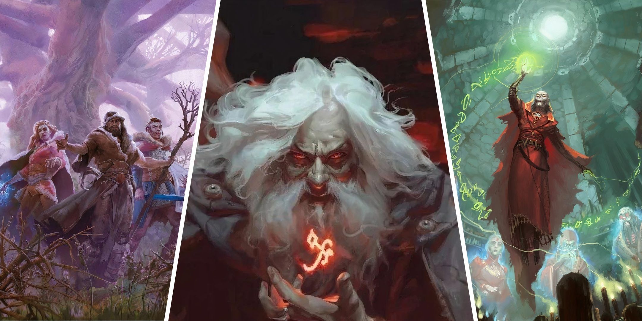 Split image showing a druid and his two allies, a mage casting a rune, and a lich casting a spell