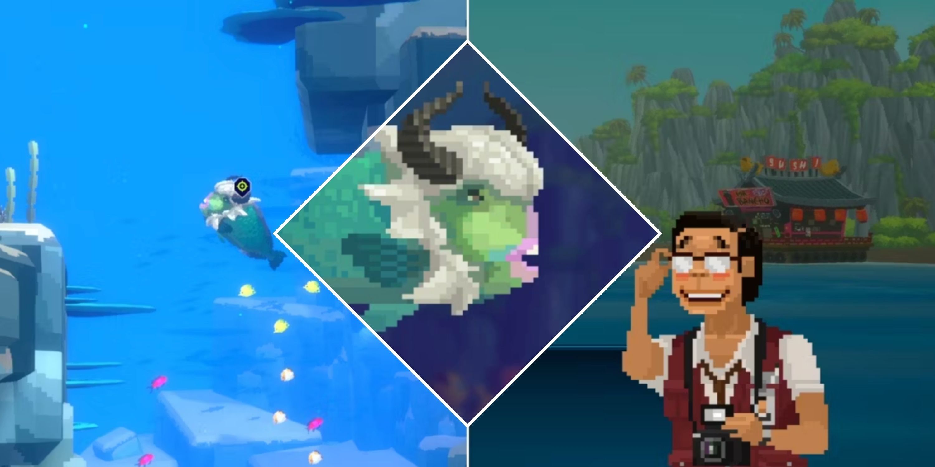 Collage image featuring Dave The Diver catching a fish, Udo with a camera, and the Horned Parrotfish