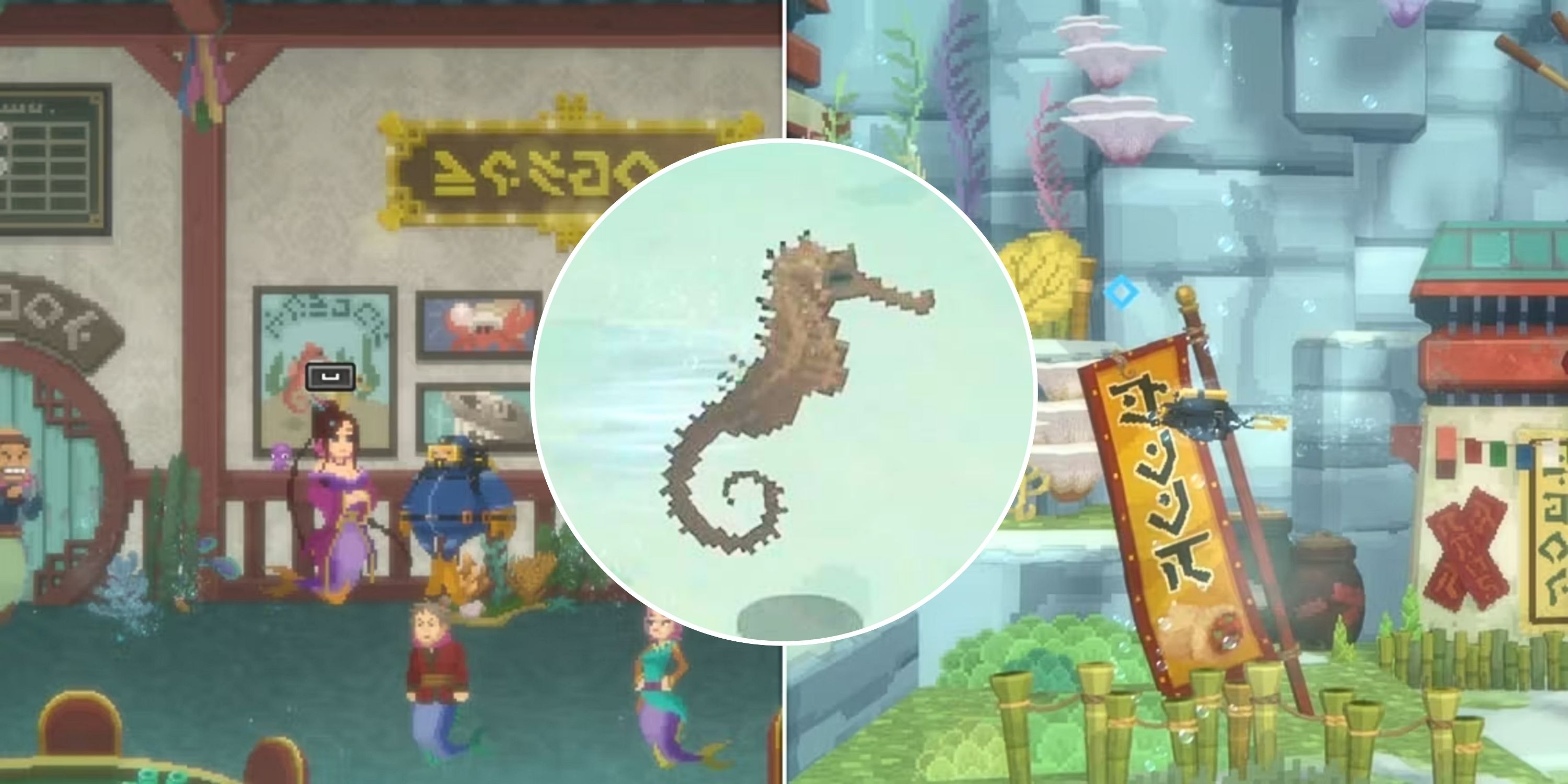 Collage image featuring two sea people areas from Dave the Diver and a close up of a sea horse
