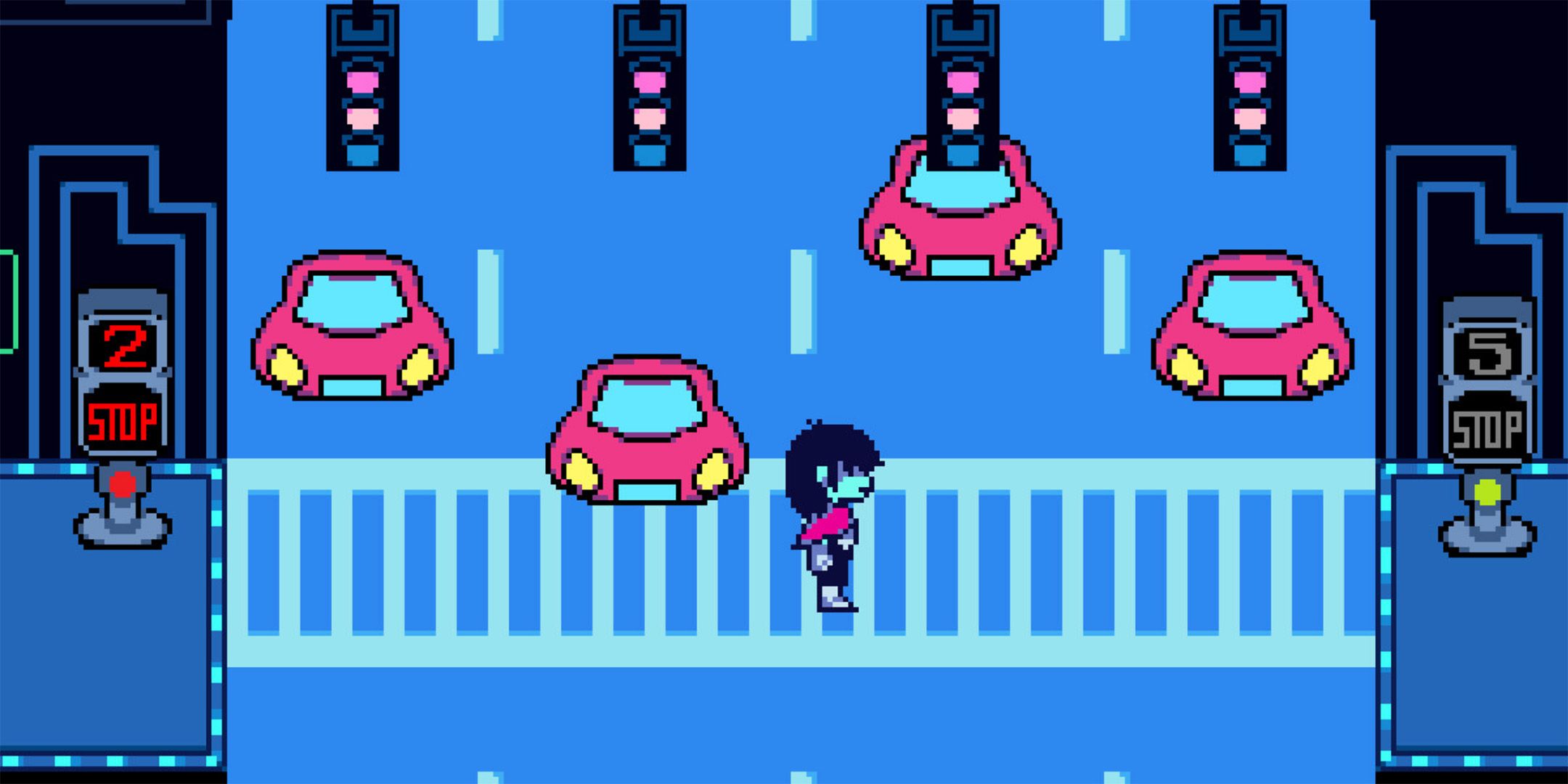 Kris crossing a busy street in Deltarune.