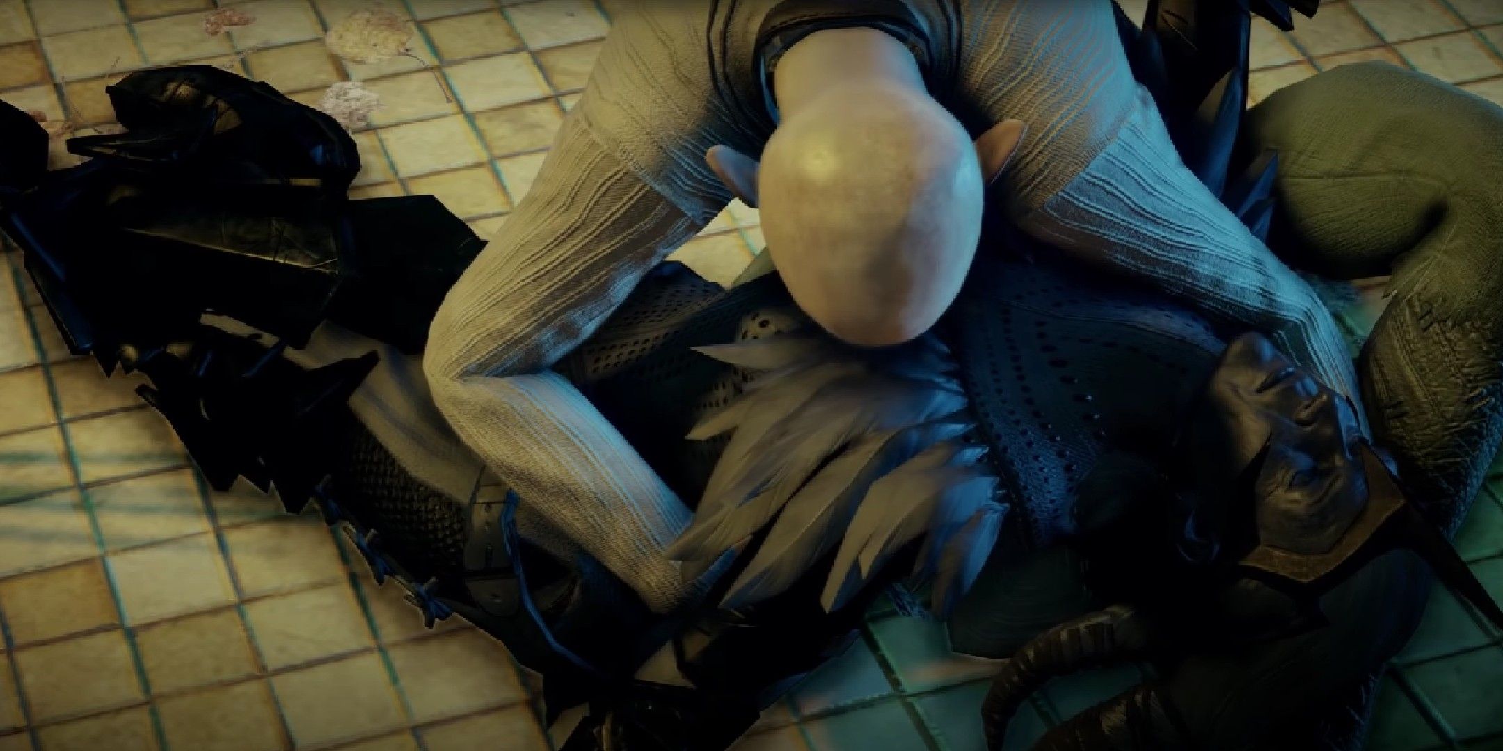 Dragon age inquisition image showing flemeth turned to stone in solas arms