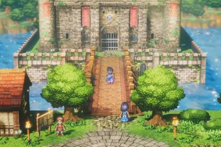 Dragon Quest 3 HD-2D remaster showing characters walking along a bridge across a moat to a castle