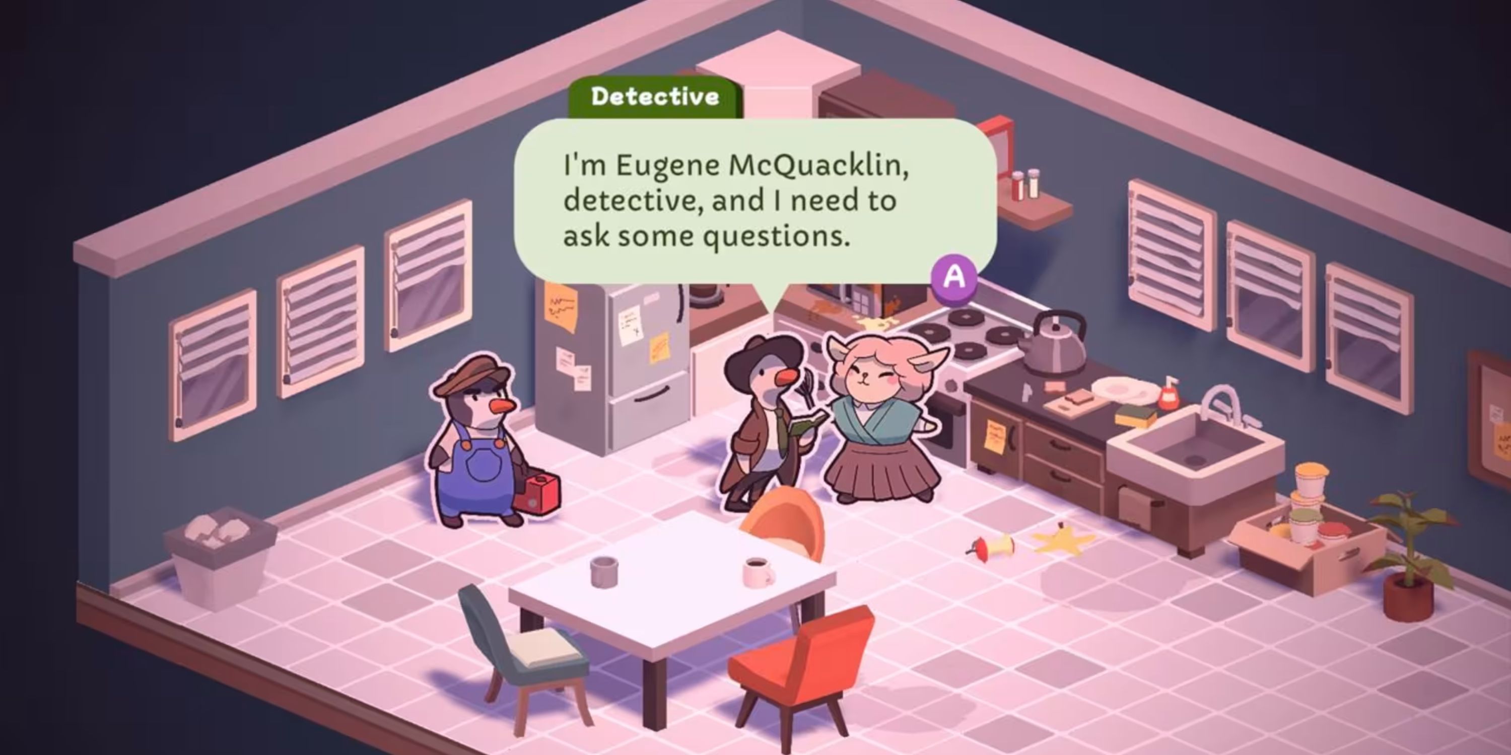 Duck Detective interviews suspects in the break room.