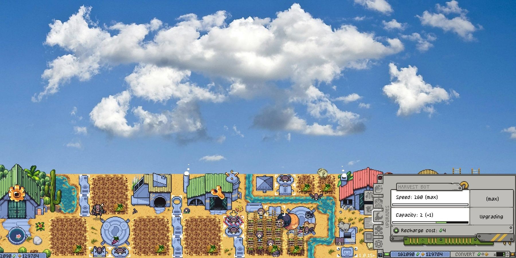 Echo's house (green roof) in the middle of the Deser Oasis farm. On the right is the Upgrades menu