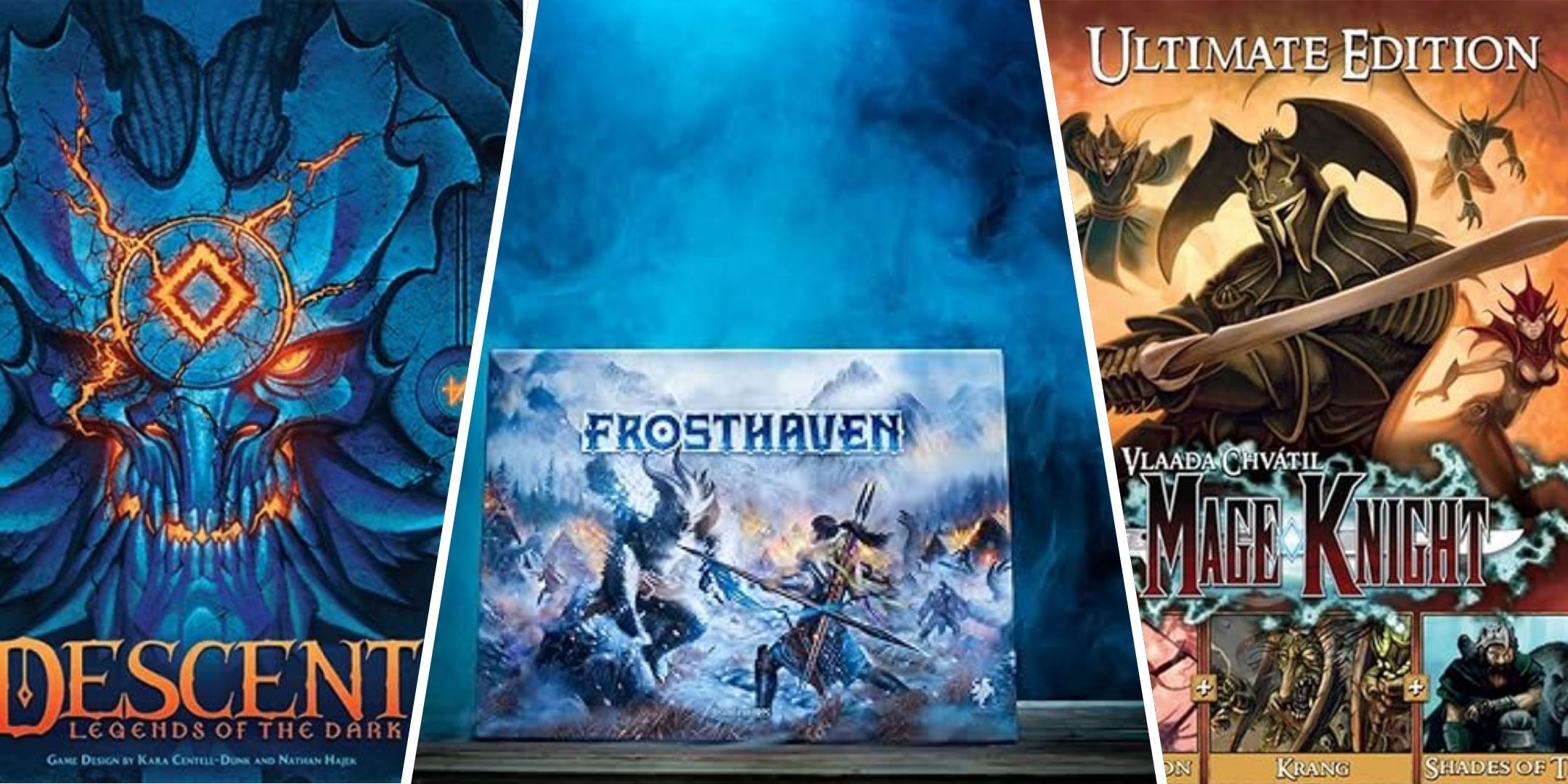 A split image containing cover art of Descent: Legends of the Dark, Frosthaven, and Mage Knight