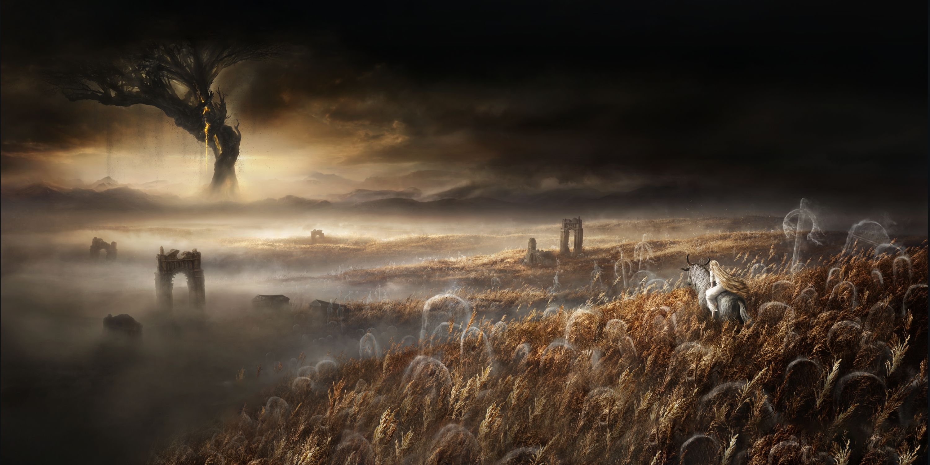 Elden Ring Key Art Featuring Miquella Riding Toward Erdtree