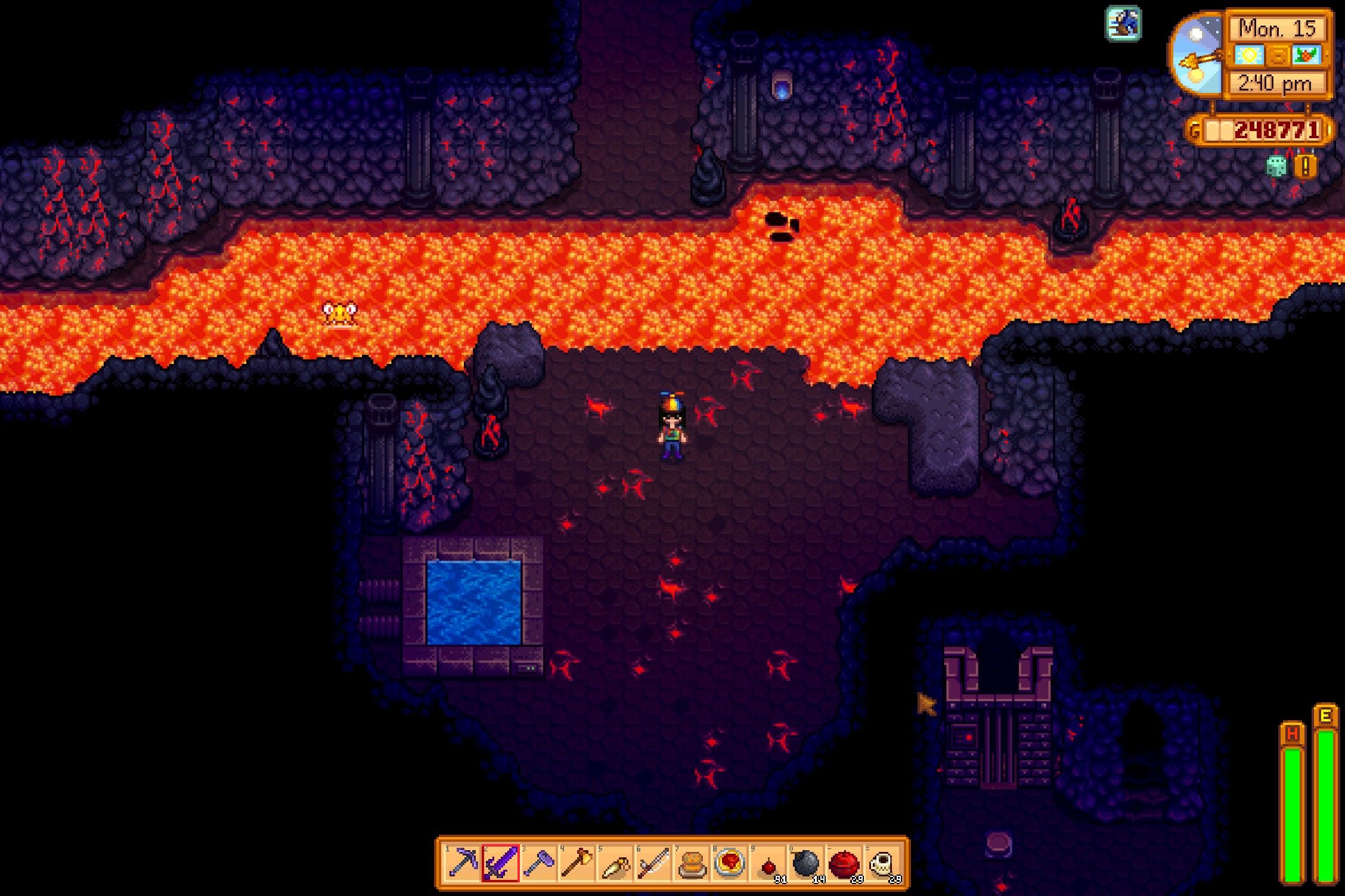 entering the volcano forge with a lava lurk approaching in stardew valley