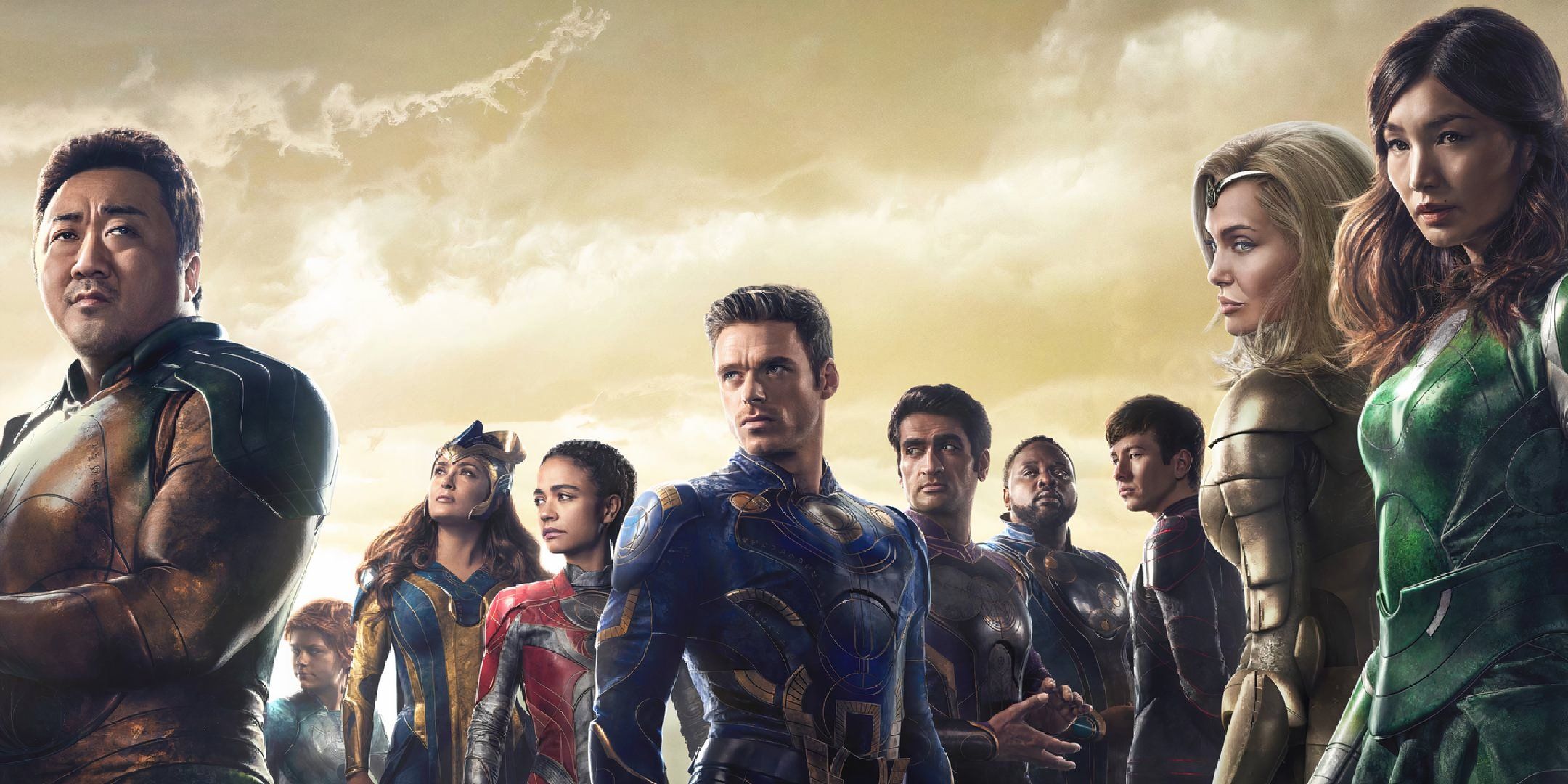 Eternals Entire Cast in a group with a cloudy background