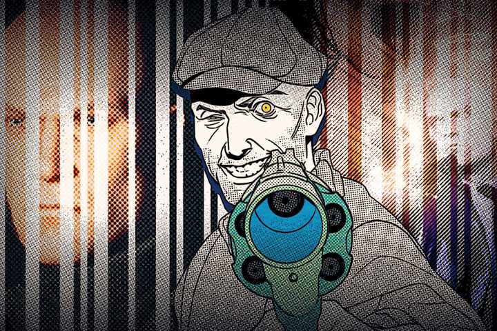 A revolver pointed at a goon's face in Fallen Aces with Hitman's Agent 47 in the background