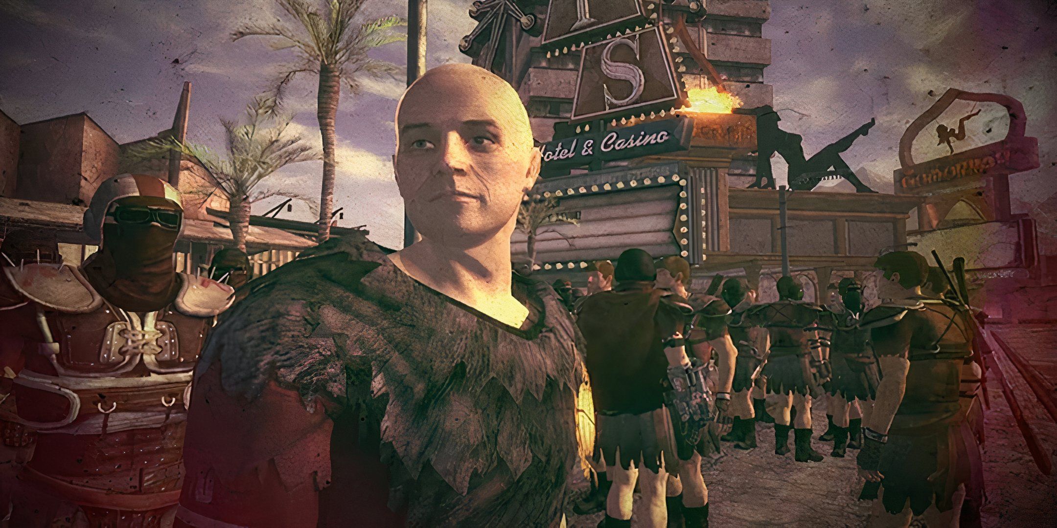 Caesar from Fallout: New Vegas looking onward in the New Vegas strip