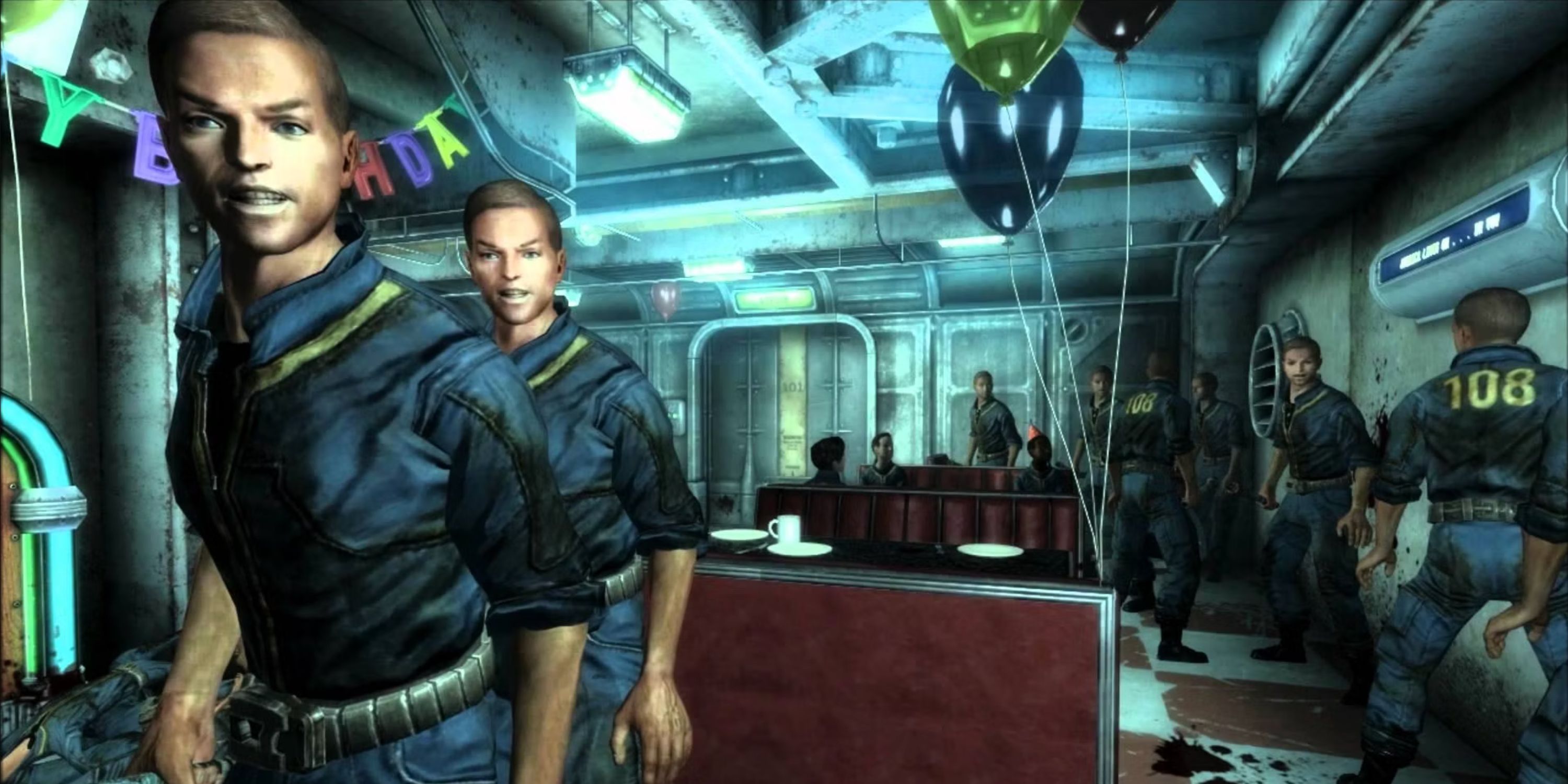 Fallout Vault 108 Gary's Vault image showing inhabitants looking at the player in the dining area