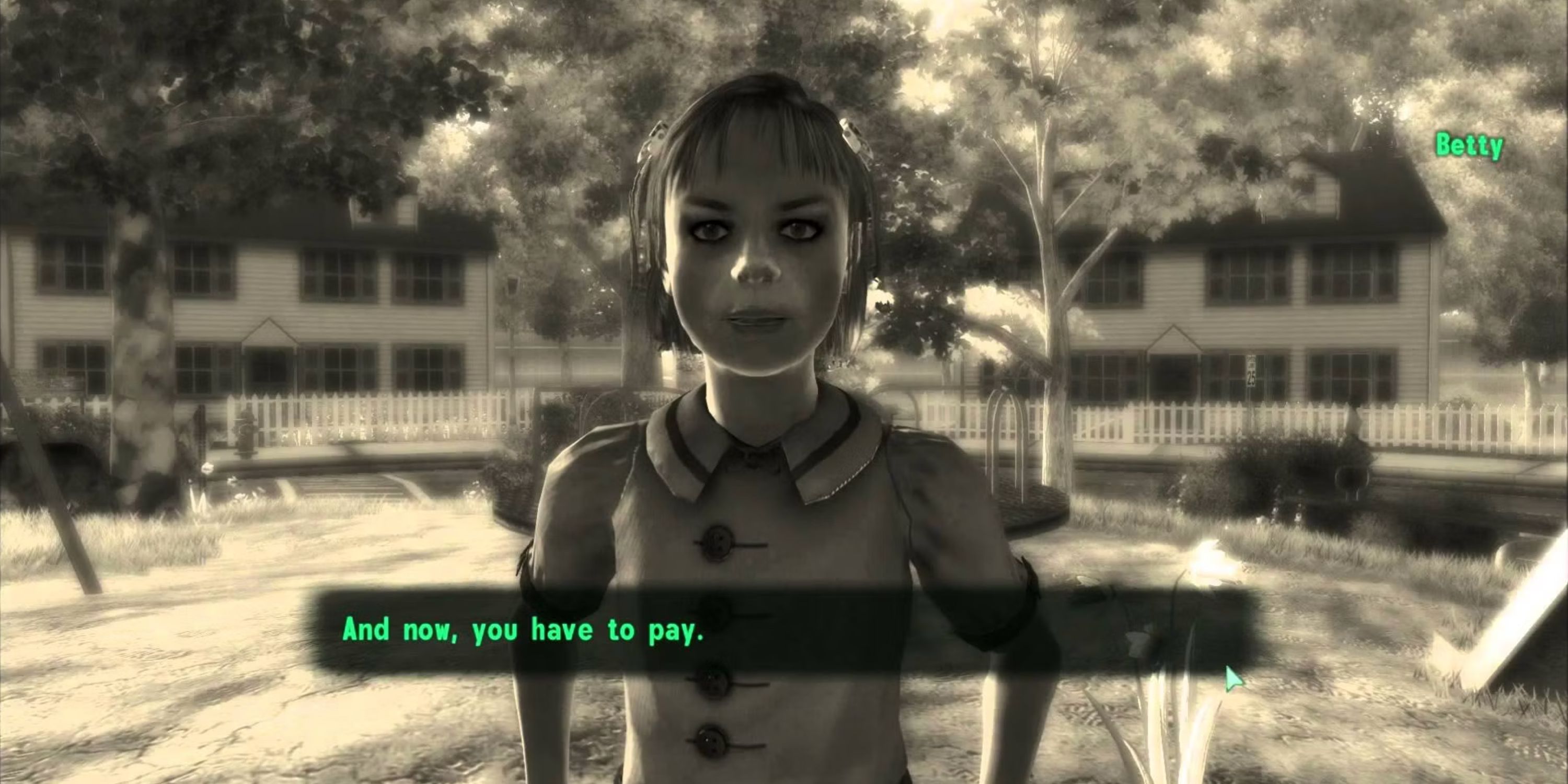 Fallout Vault 112 's Betty speaking with the player in a park