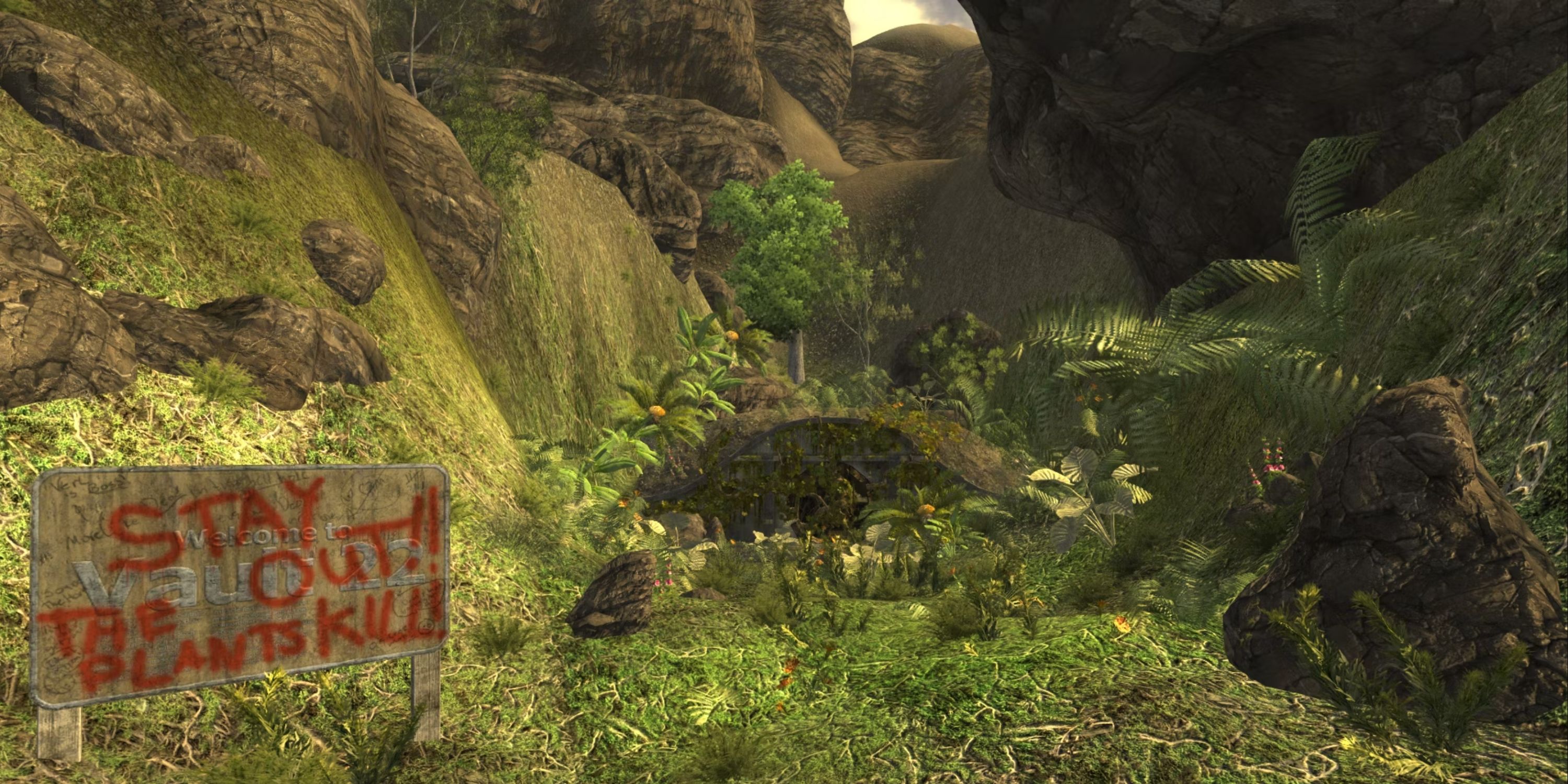 Screenshot of the entrance to Fallout Vault 22 with a sign warning to stay out due to killing plants