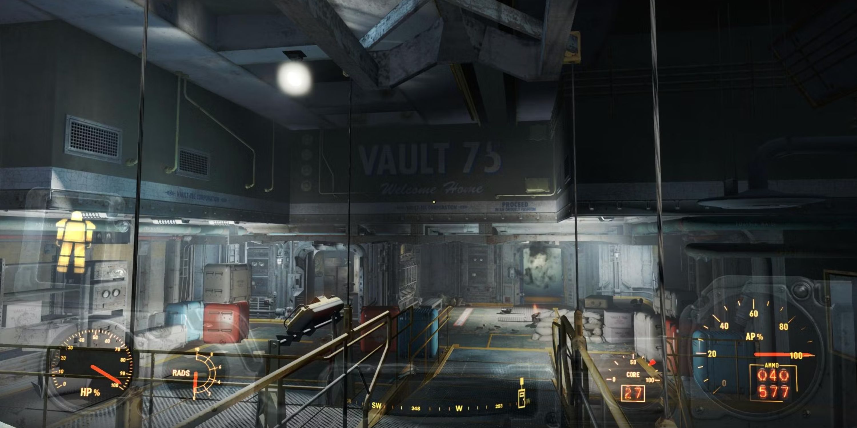 Screenshot of Fallout Vault 75's crew area from inside power armor
