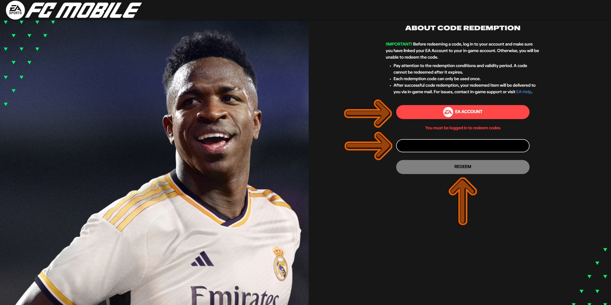 FC Mobile Code Redemption Page on browser