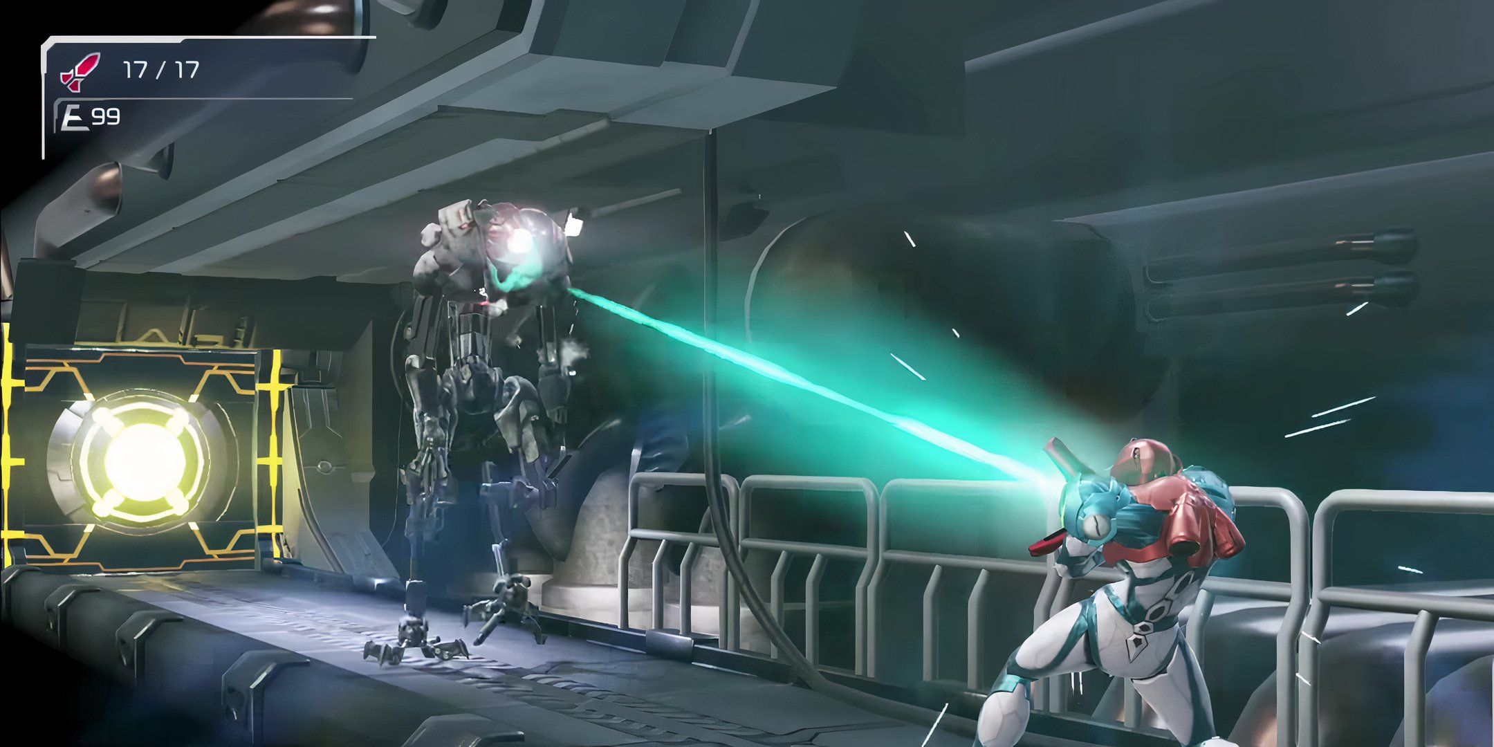 Samus Aran finishing off the first E.M.M.I a super powered blast in Metroid Dread.