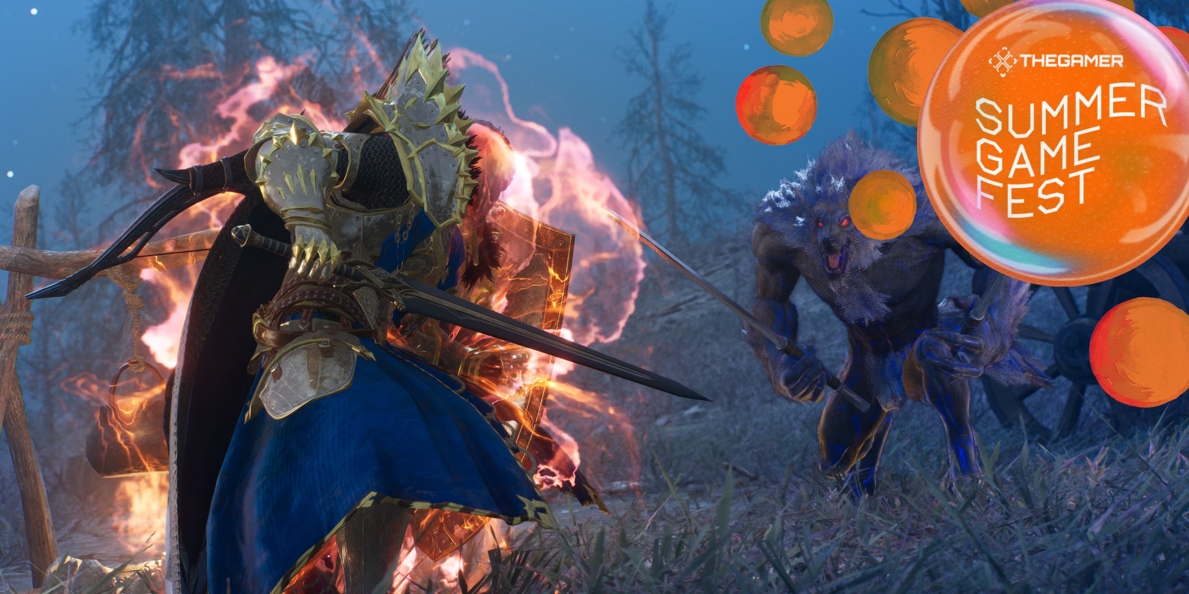 Flaming warriior fighting a werewolf in Throne & Liberty