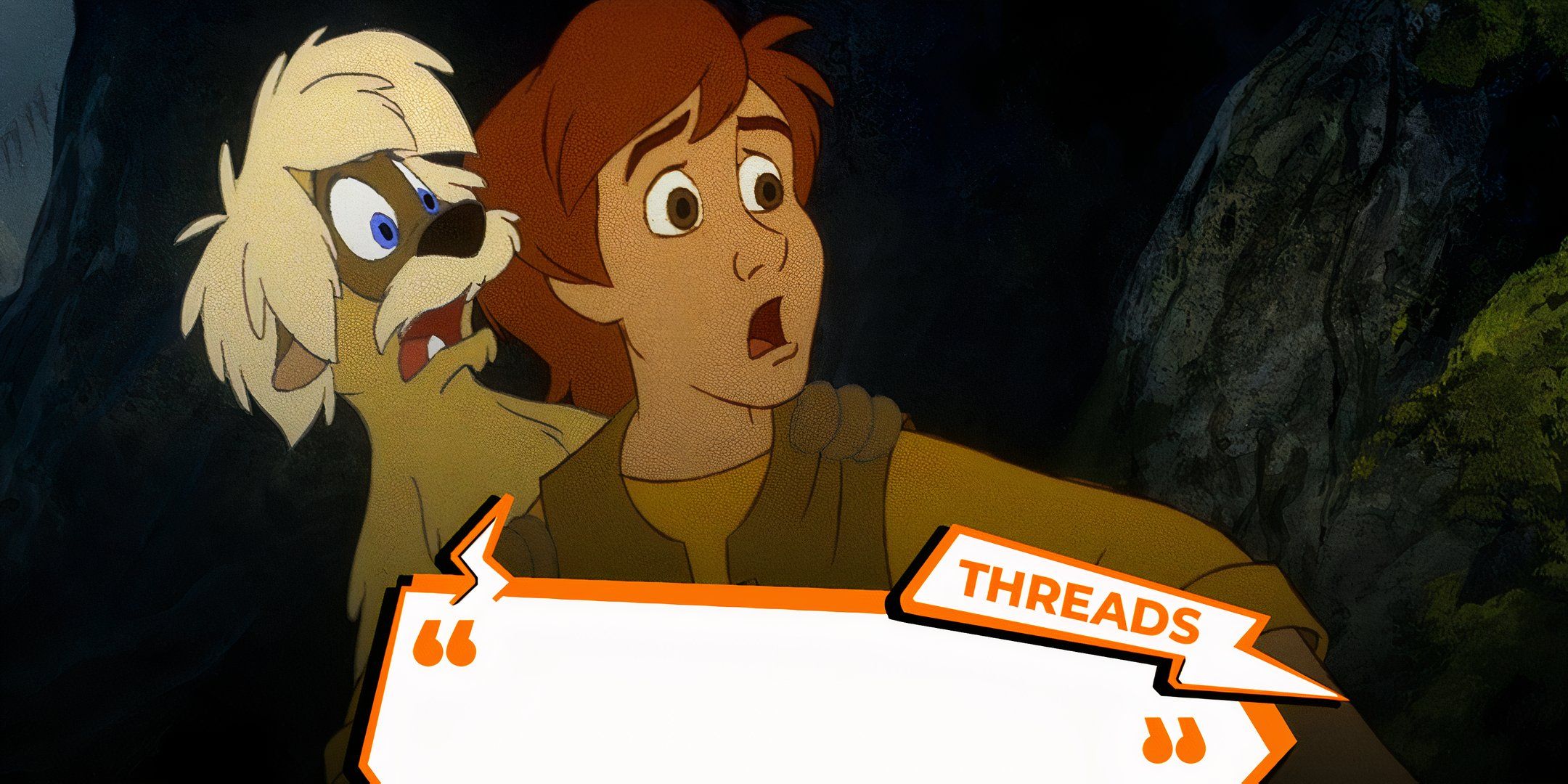 Gurgi and Taran from The Black Caulfron with the threads logo overlaid on top.