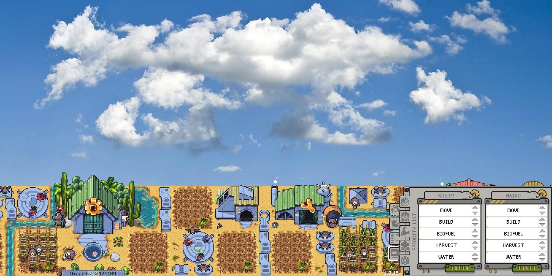 Haiku's House (yellow roof) in the middle of the Desert Oasis farm. On the right is the Priorities menu