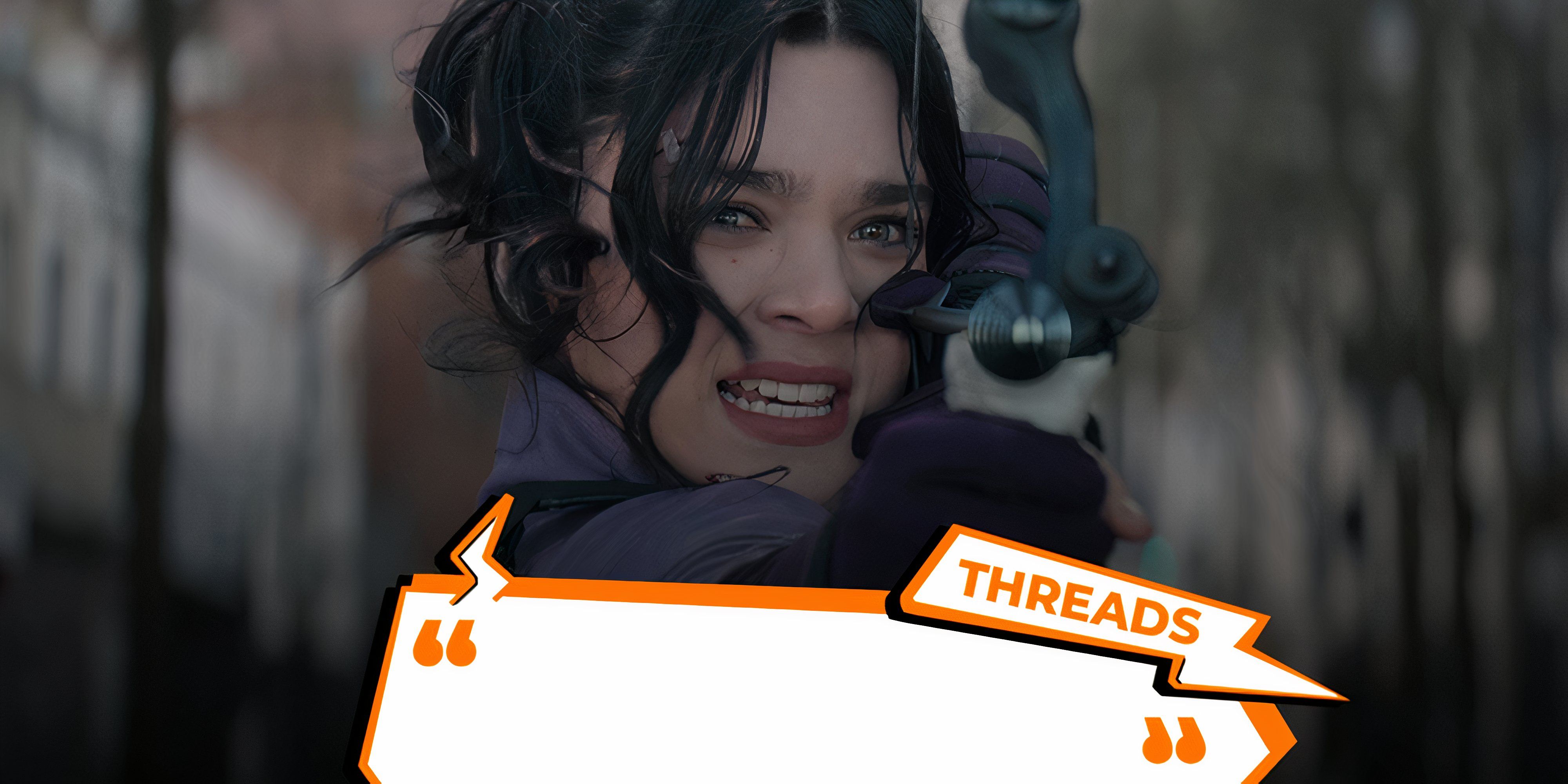 Hailee Steinfeld as Kate Bishop aiming an arrow and TG Thread