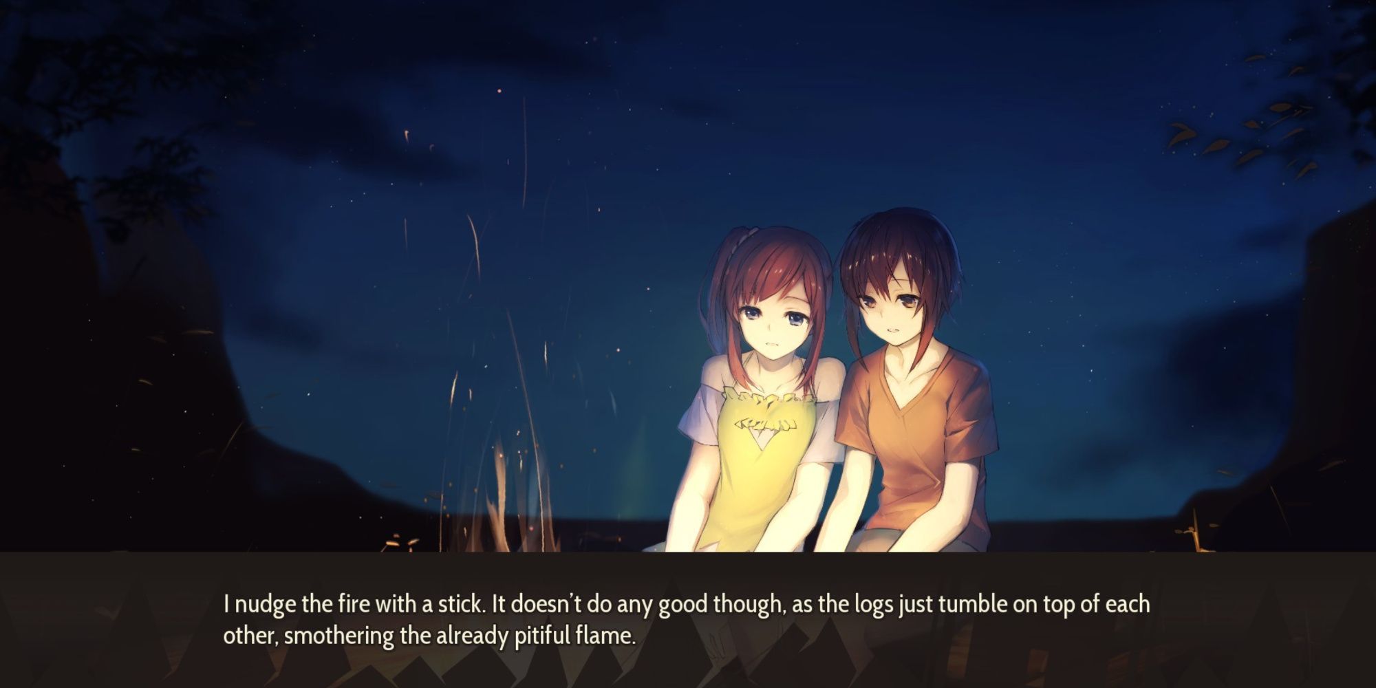 Highway Blossoms, Amber and Marina sitting together in front of a fire at night