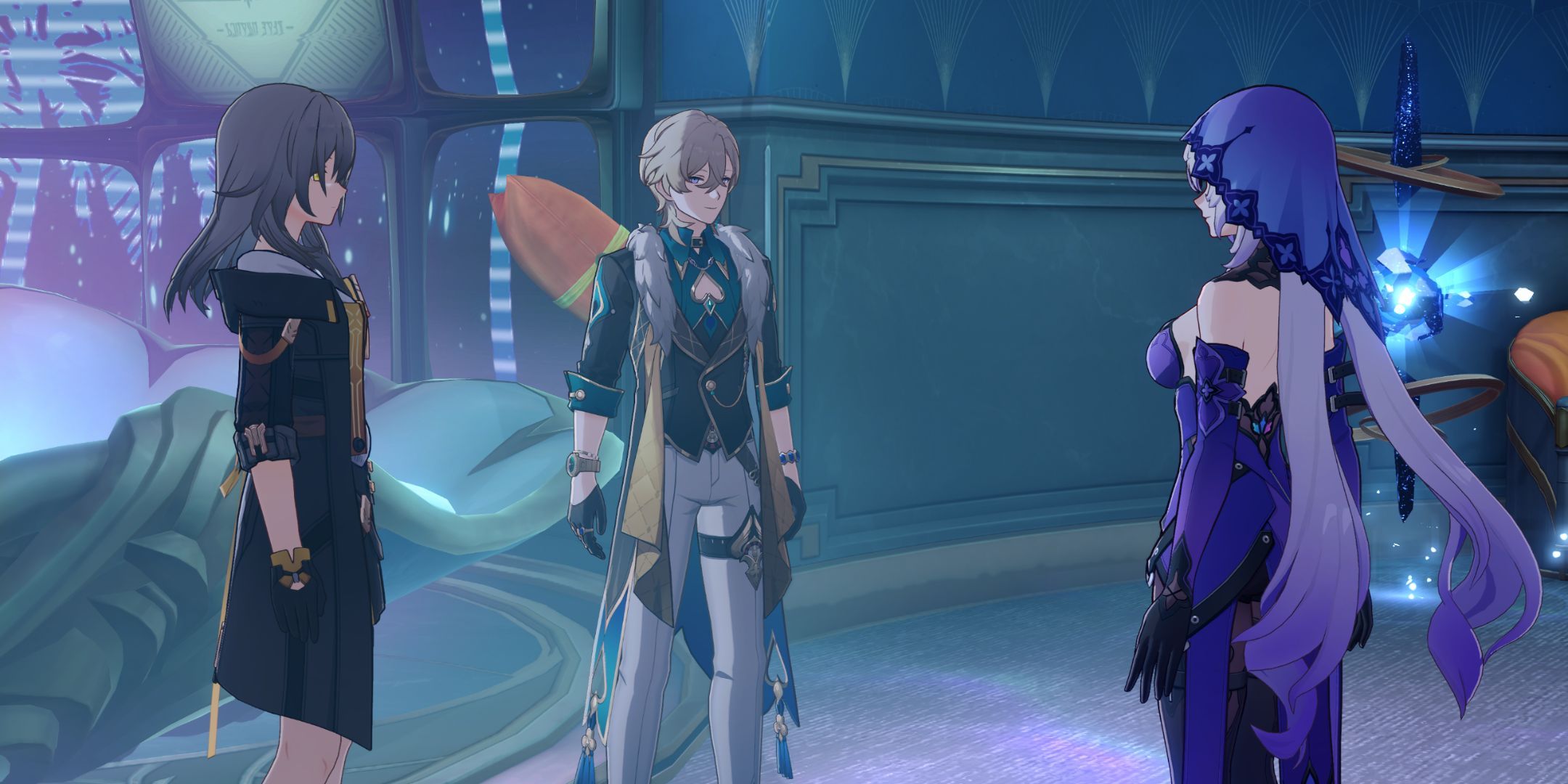 Honkai Star Rail Aventurine In Room With Trailblazer And Black Swan