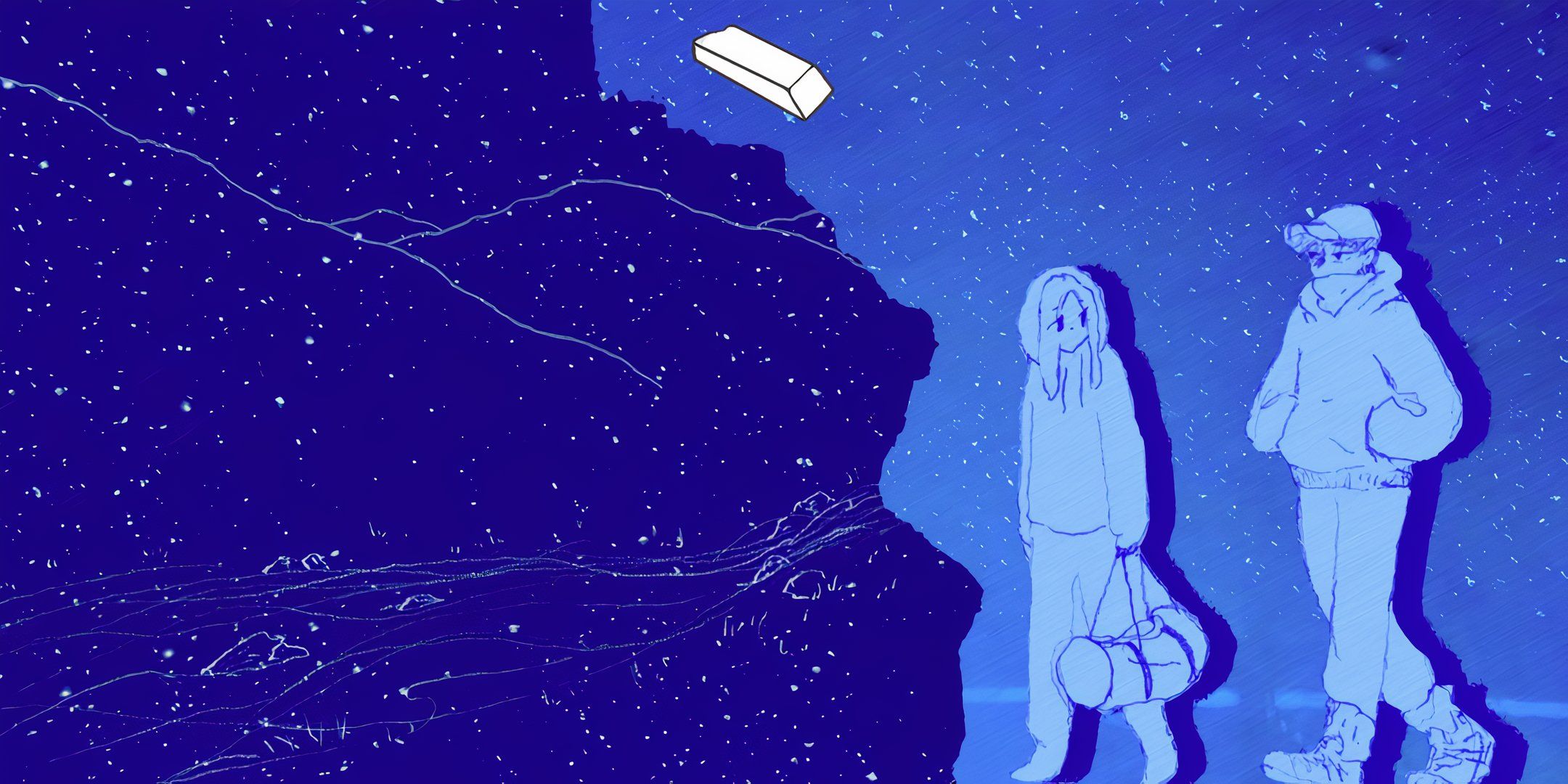 Two light blue, hand-drawn characters against a darker blue background.