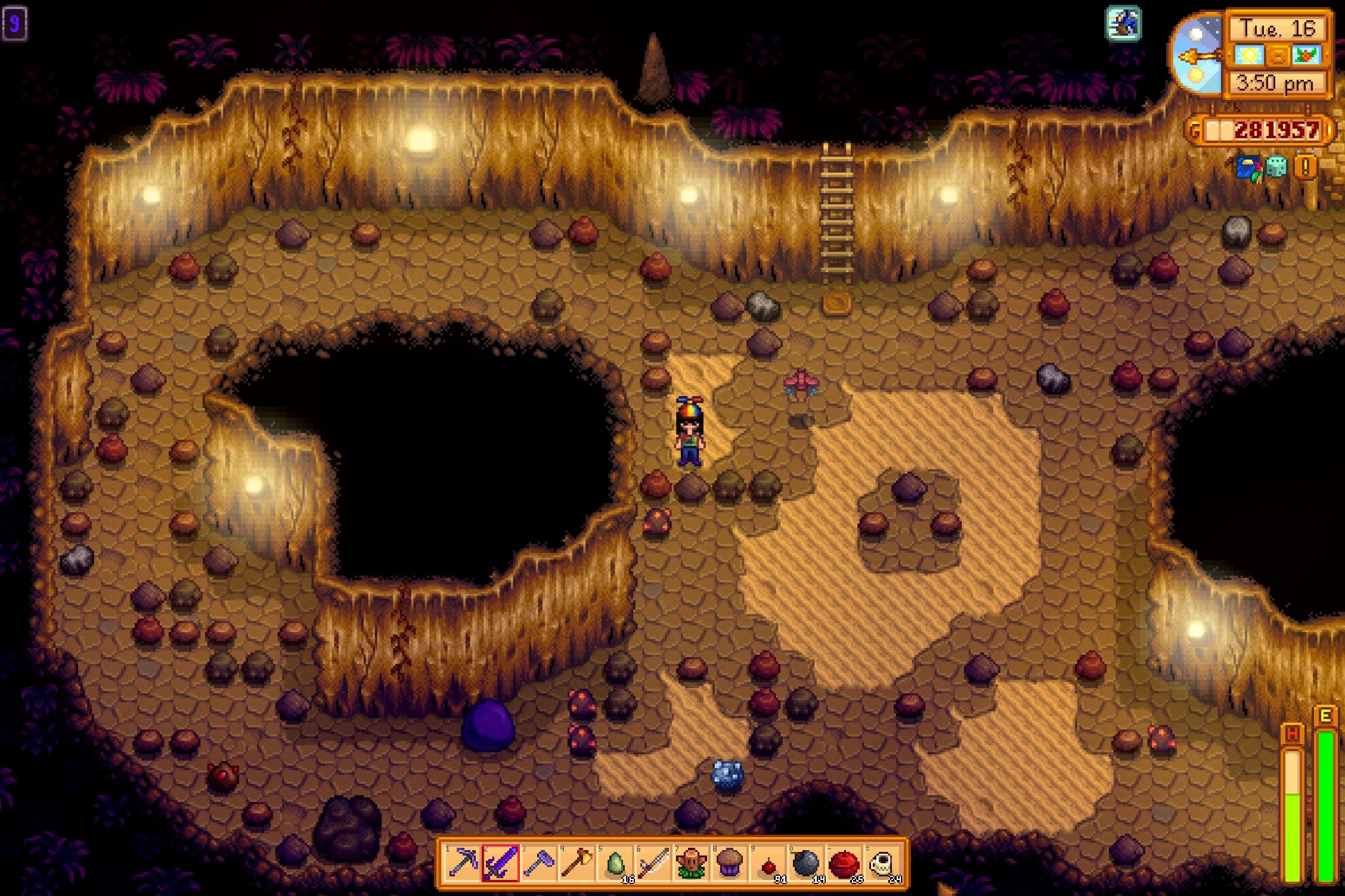 inside skull cavern surrounded by ore and monsters in stardew valley