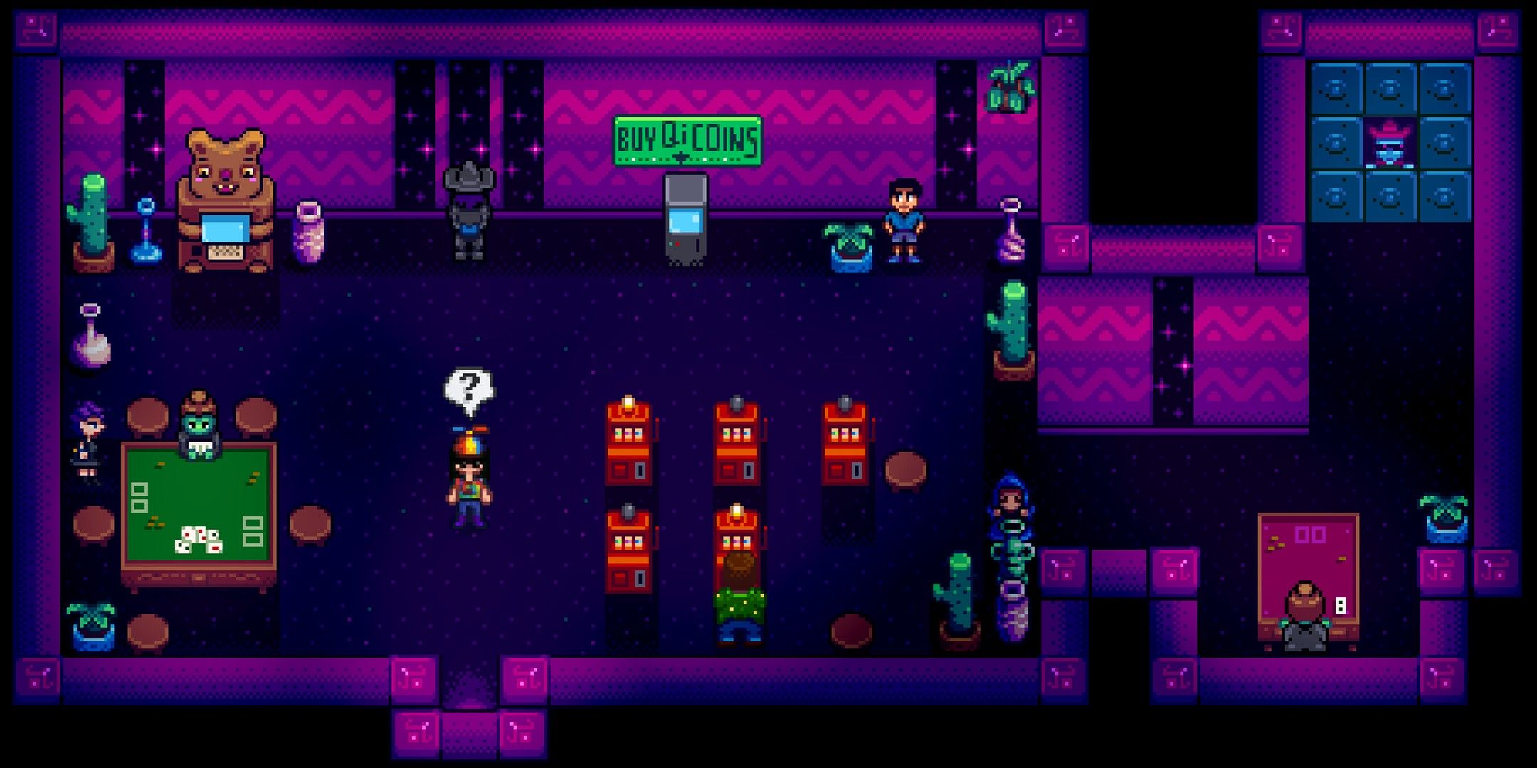 inside the casino in the calico desert in stardew valley