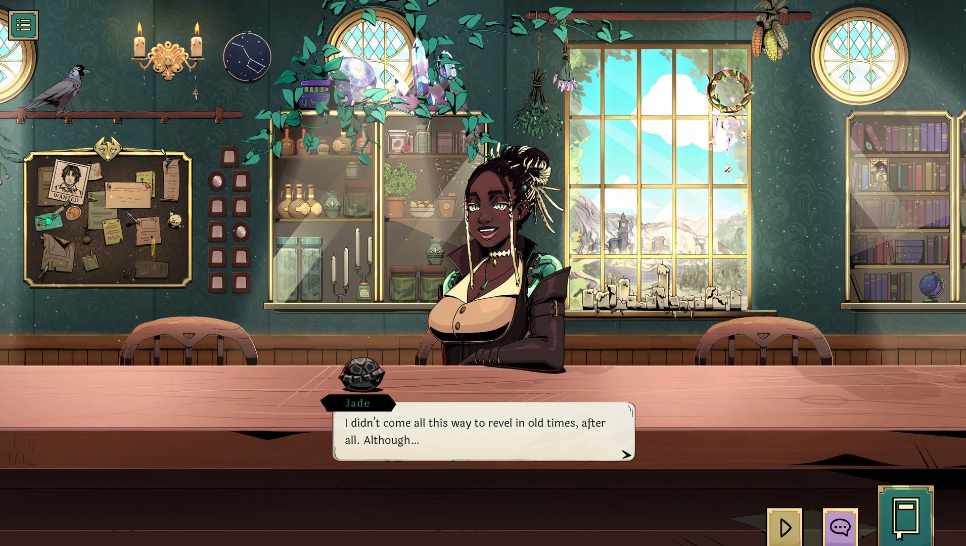 Jade with her tortoise in Tavern Talk