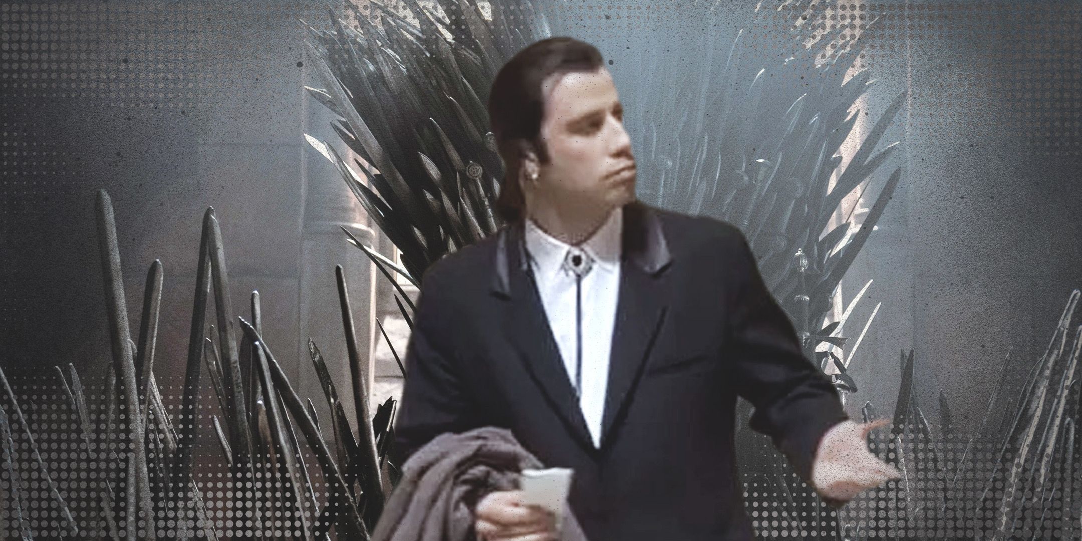 John Travolta as Vincent Vega looking confused in front of the Iron Throne in House of the Dragom