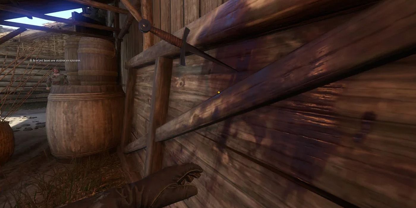 A dagger embedded in a wall in Kingdom Come: Deliverance.