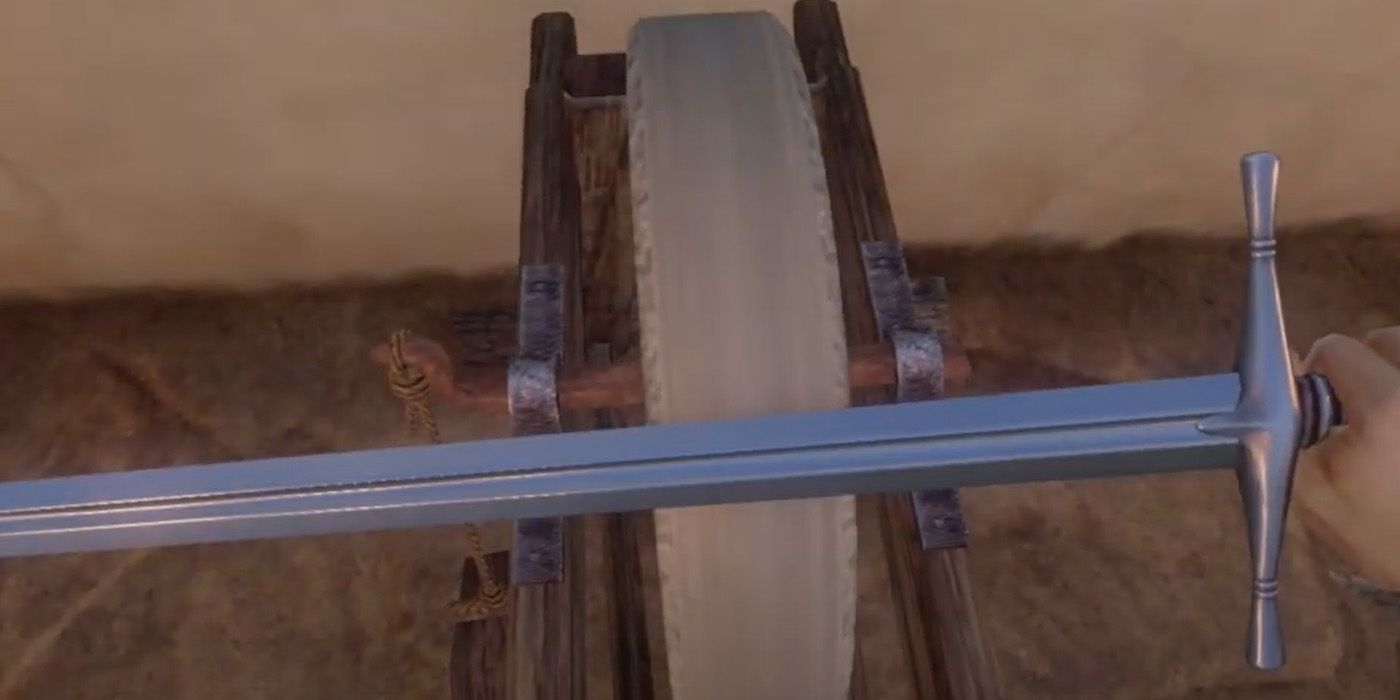 The Razor sword being sharpened on a grindstone.