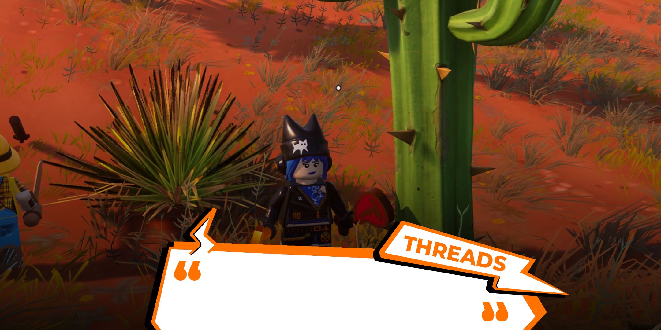 Lego Fortnite character beside a cactus with the thread logo overlaid on top.