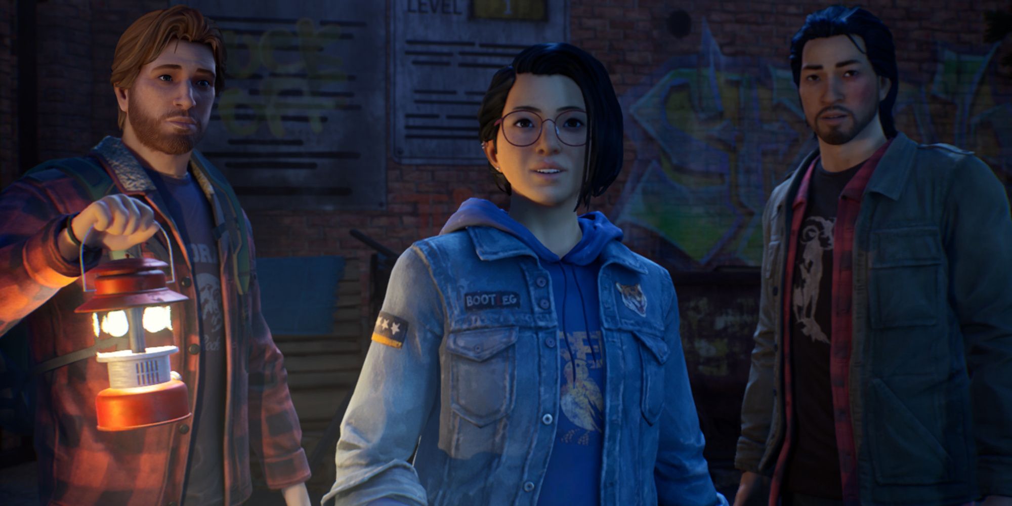 Life is strange true colors, Ryan holding a lantern while standing next to Alex and Gabe