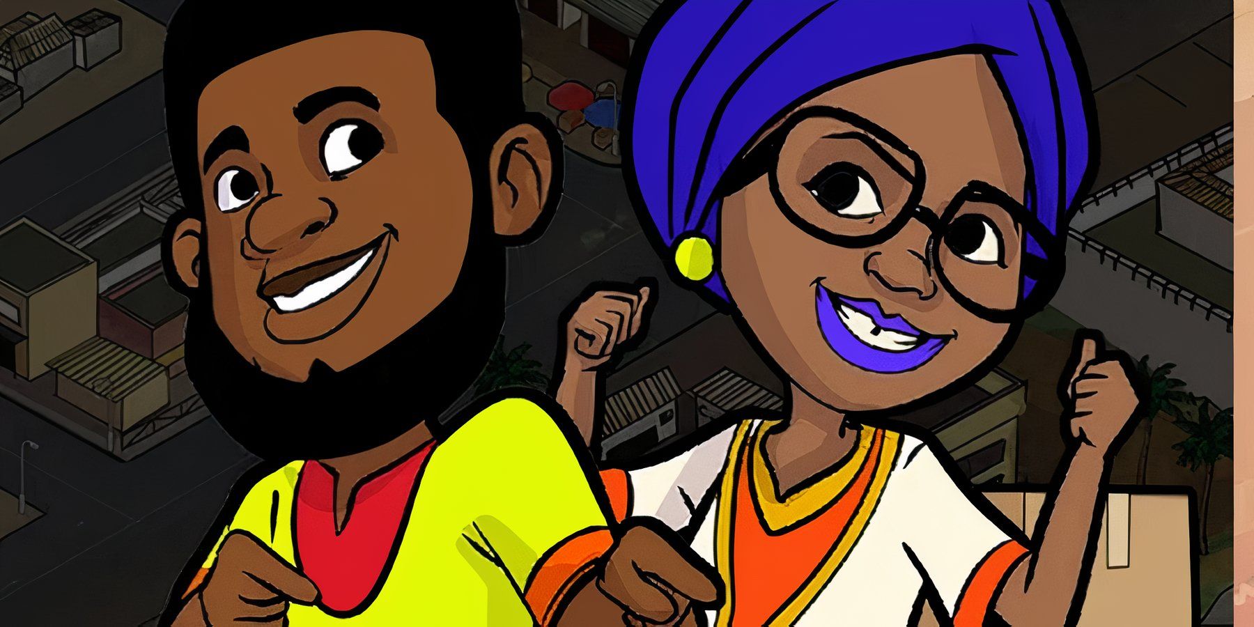 main menu of Mama Atingi Shop with two characters posing
